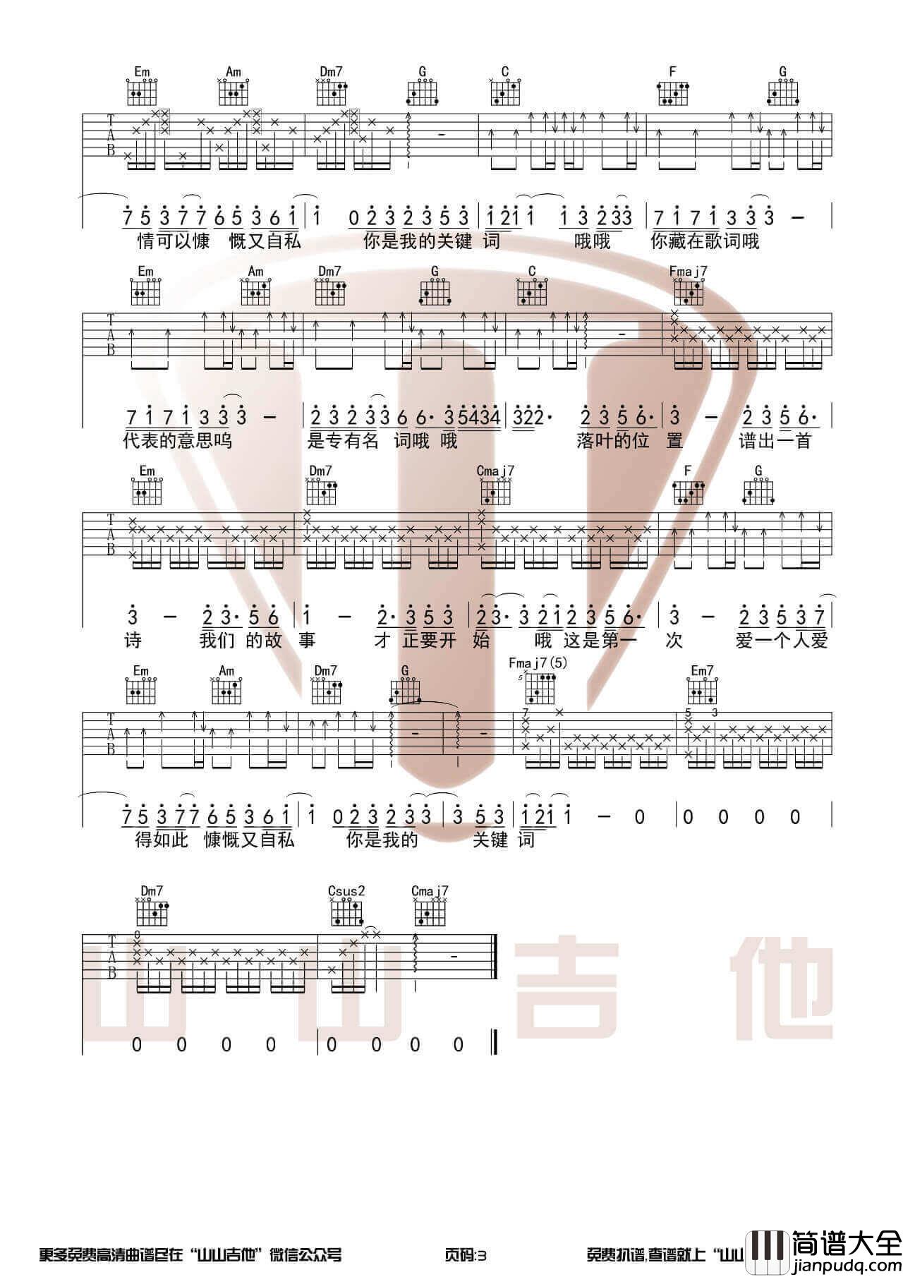_关键词_吉他谱_林俊杰_吉他弹唱视频演示_山山吉他
