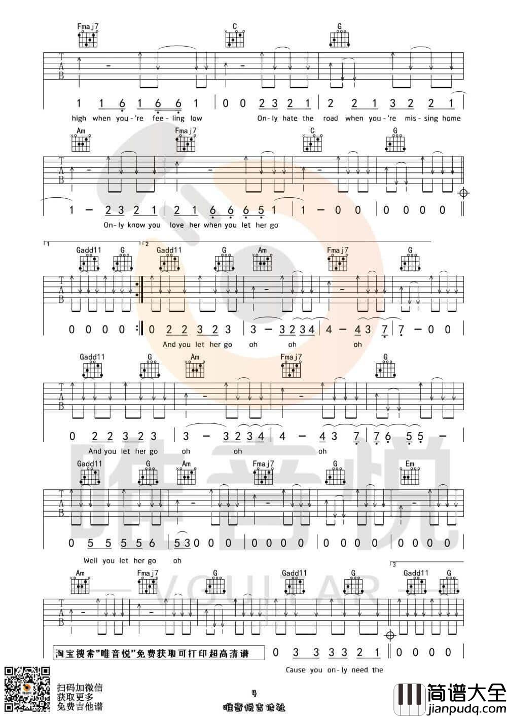 Passenger_let_her_go_吉他谱_吉他弹唱C调六线谱_唯音悦