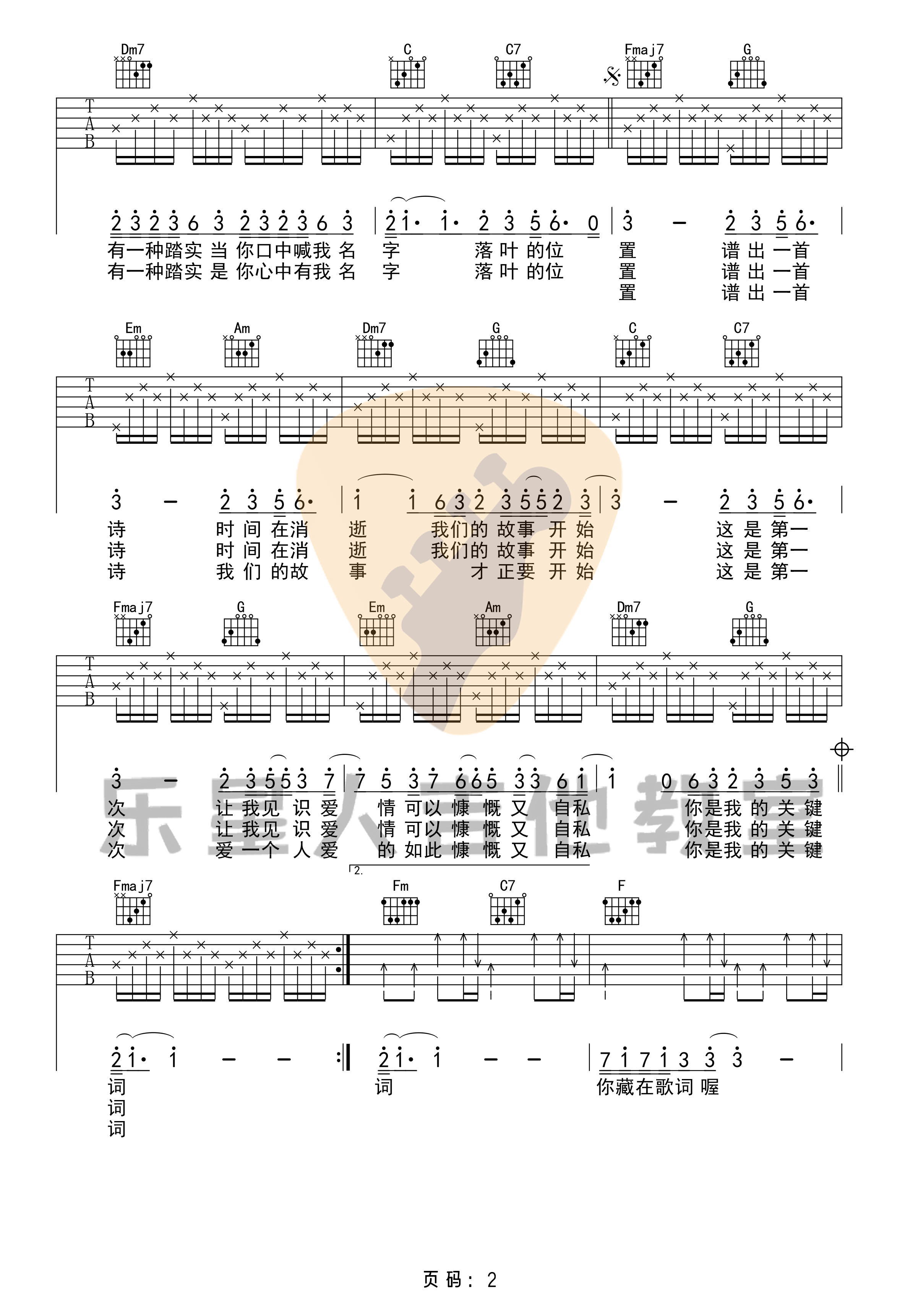 林俊杰_关键词_吉他谱_新手初级版简单六线谱_乐星人吉他教室