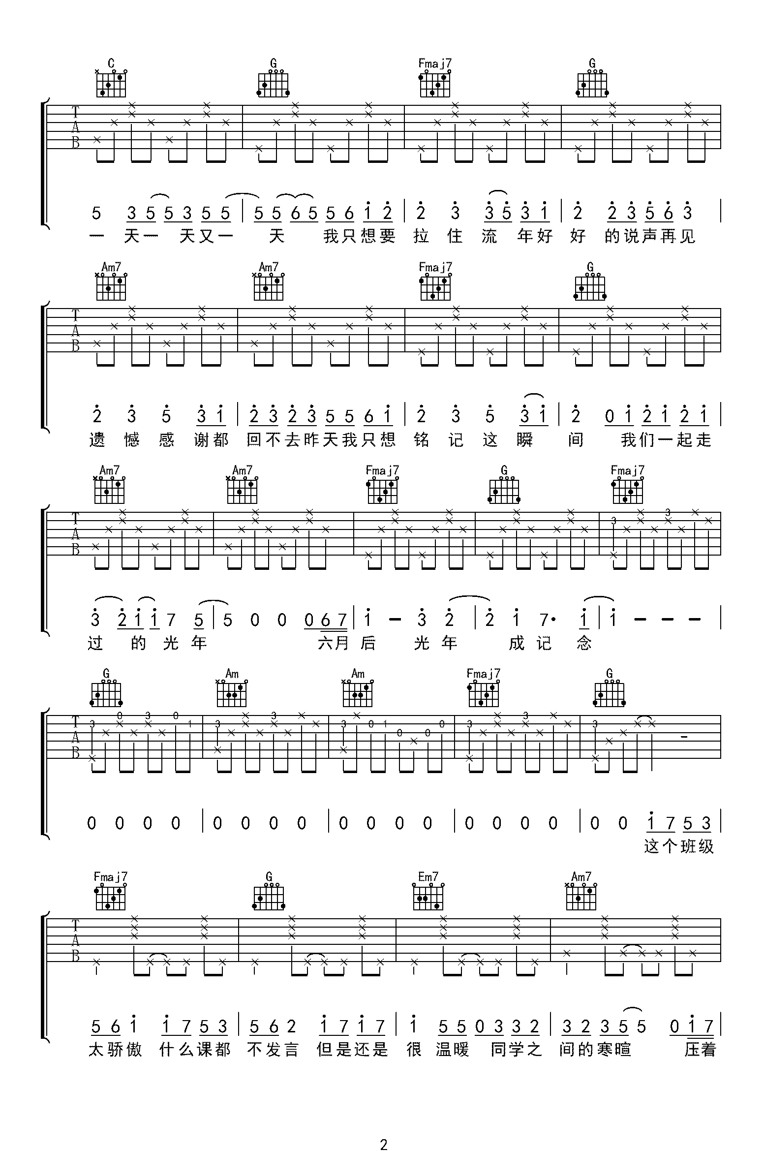 记念吉他谱_雷雨心_C调弹唱六线谱_毕业季歌曲
