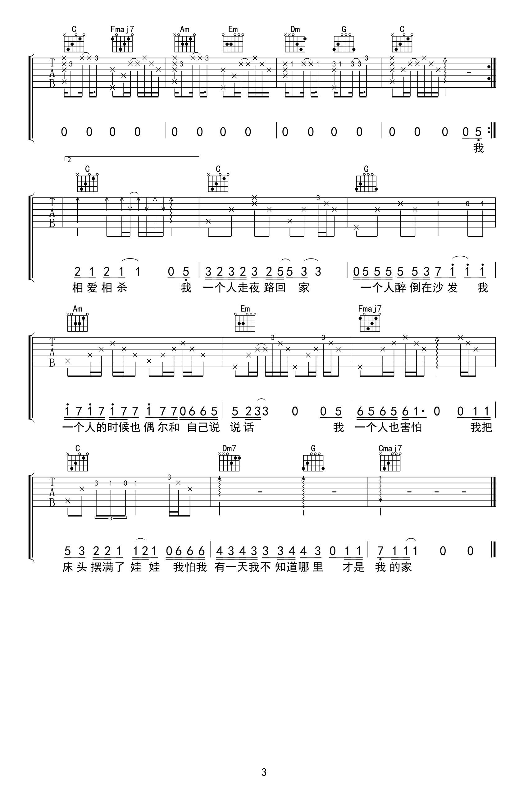 关于孤独我想说的话吉他谱_隔壁老樊_C调弹唱谱