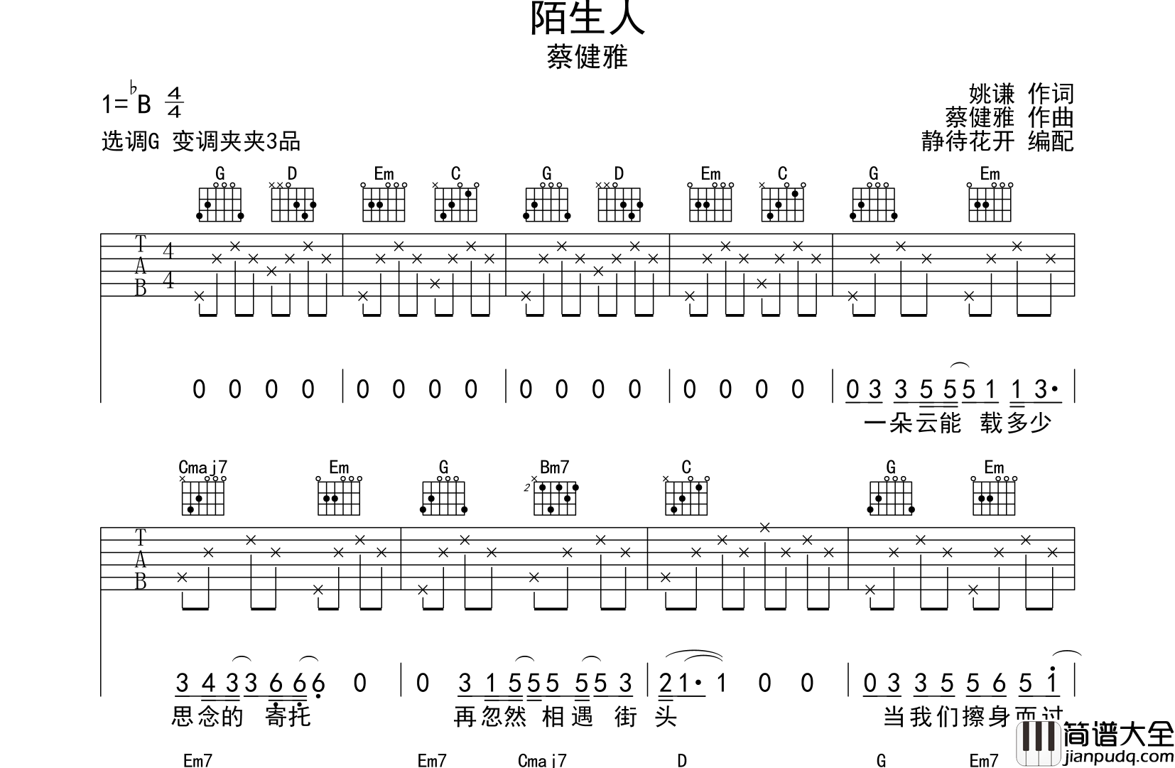陌生人吉他谱_G调吉他六线谱_蔡健雅