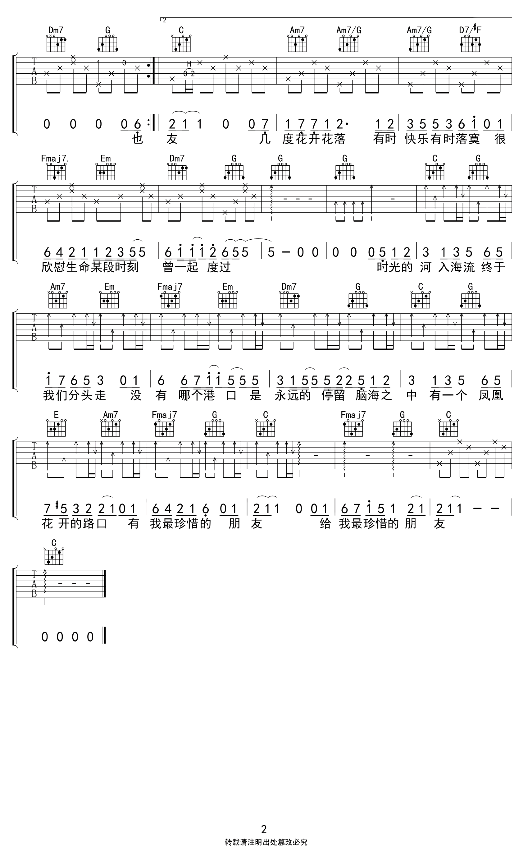 凤凰花开的路口吉他谱_C调_房东的猫/孟慧圆_弹唱六线谱