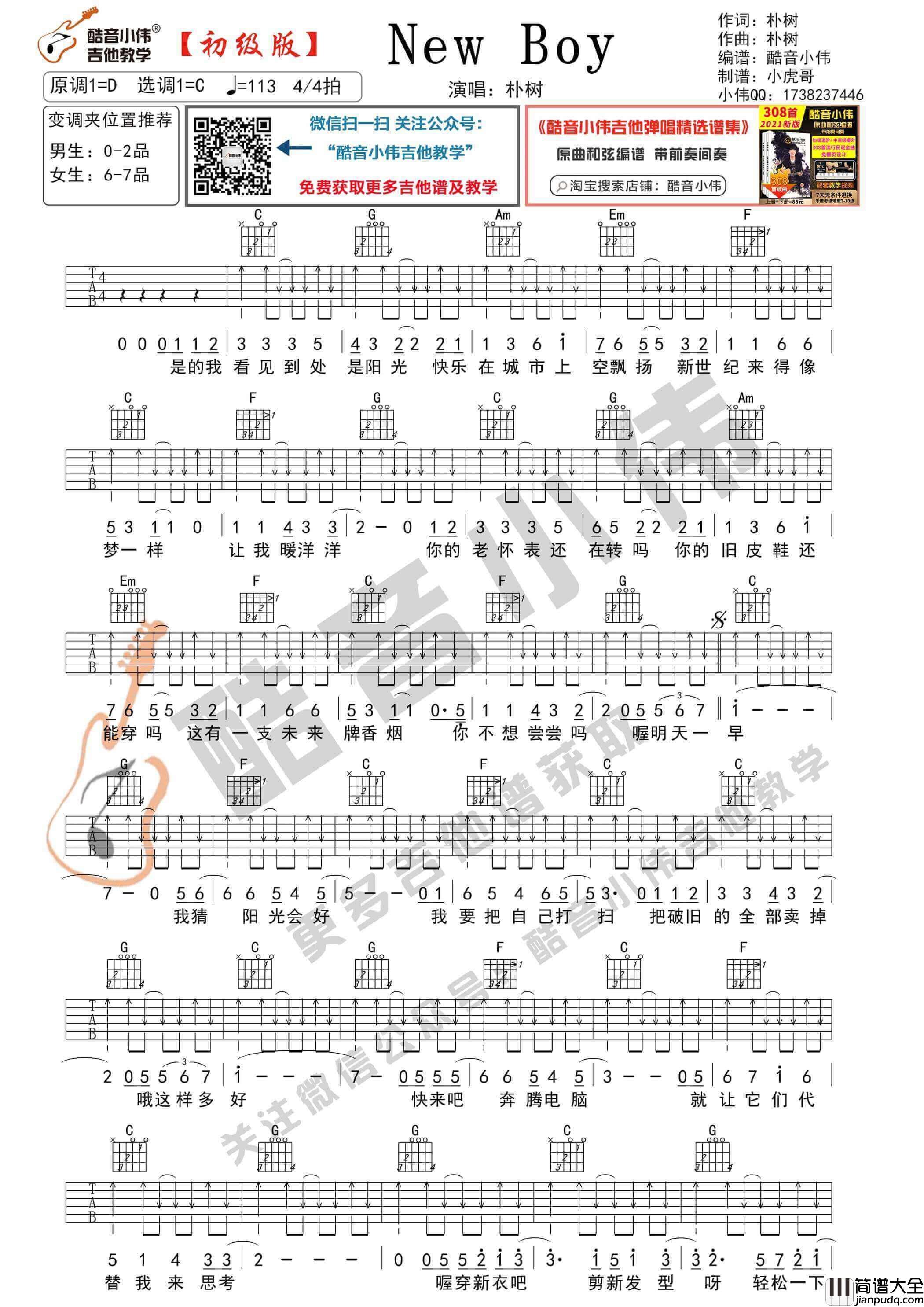_New_boy_吉他谱C调初级版_酷音小伟编谱_朴树