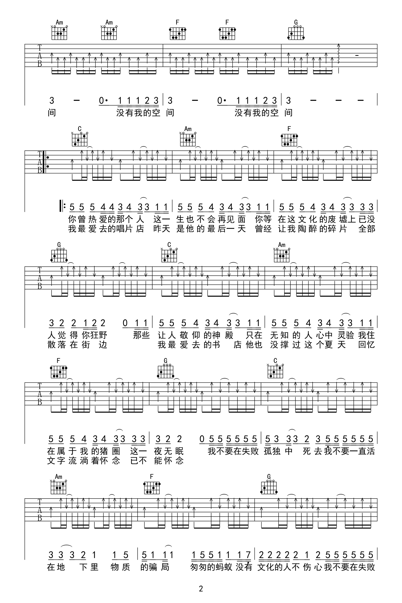 没有理想的人不伤心吉他谱_新裤子_C调原版_弹唱六线谱