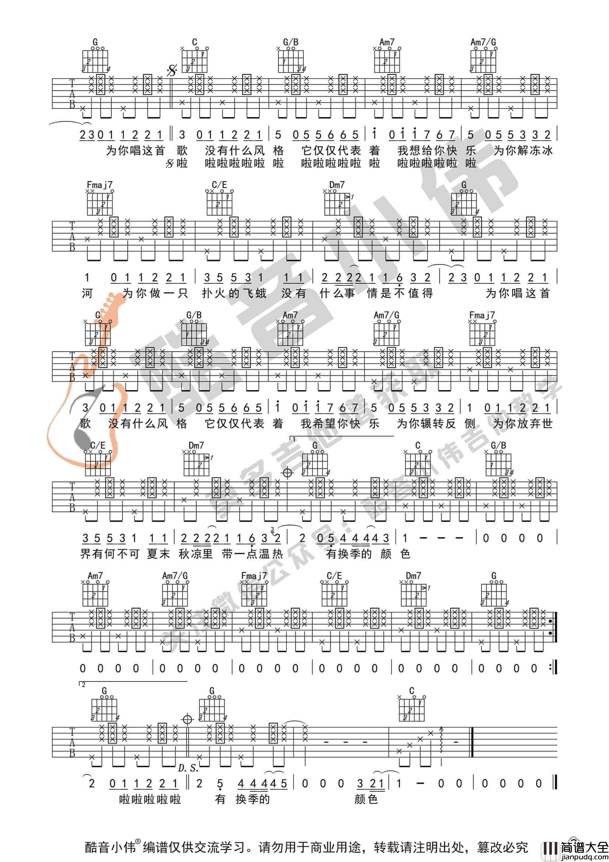 _有何不可_吉他谱_C调初级版_酷音小伟编谱_许嵩
