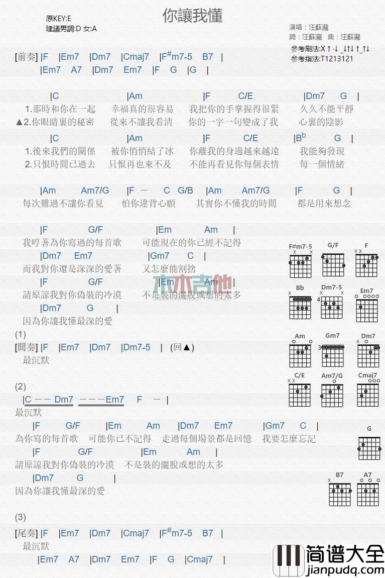 你让我懂_吉他谱_汪苏泷