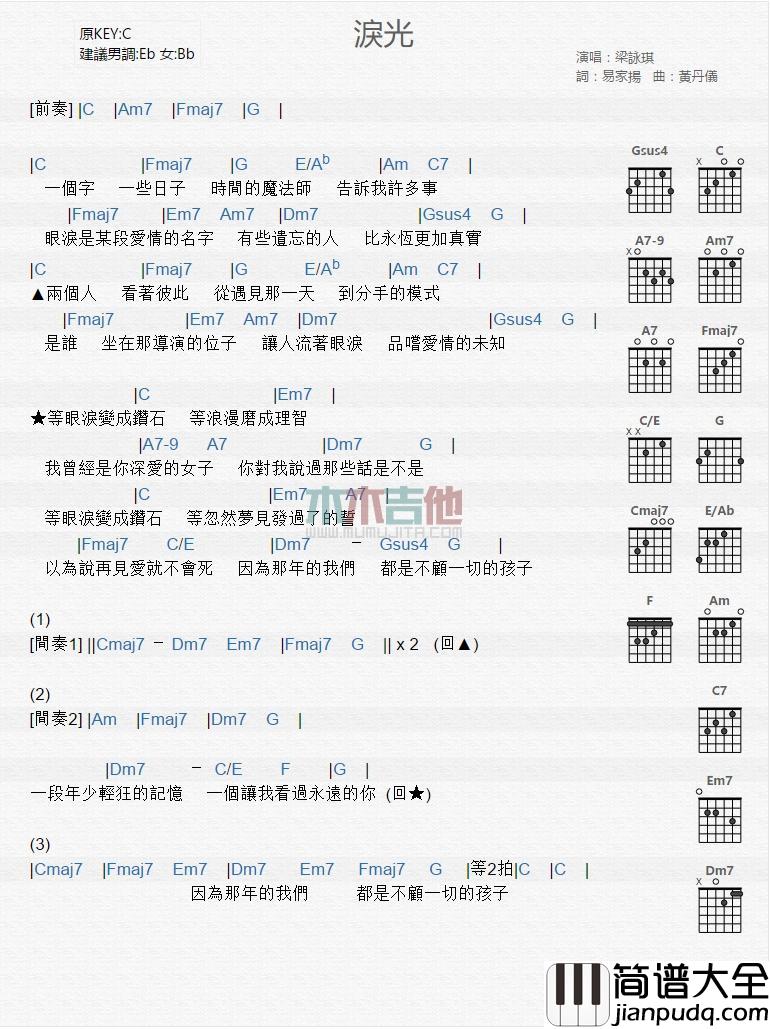 泪光_吉他谱_梁咏琪