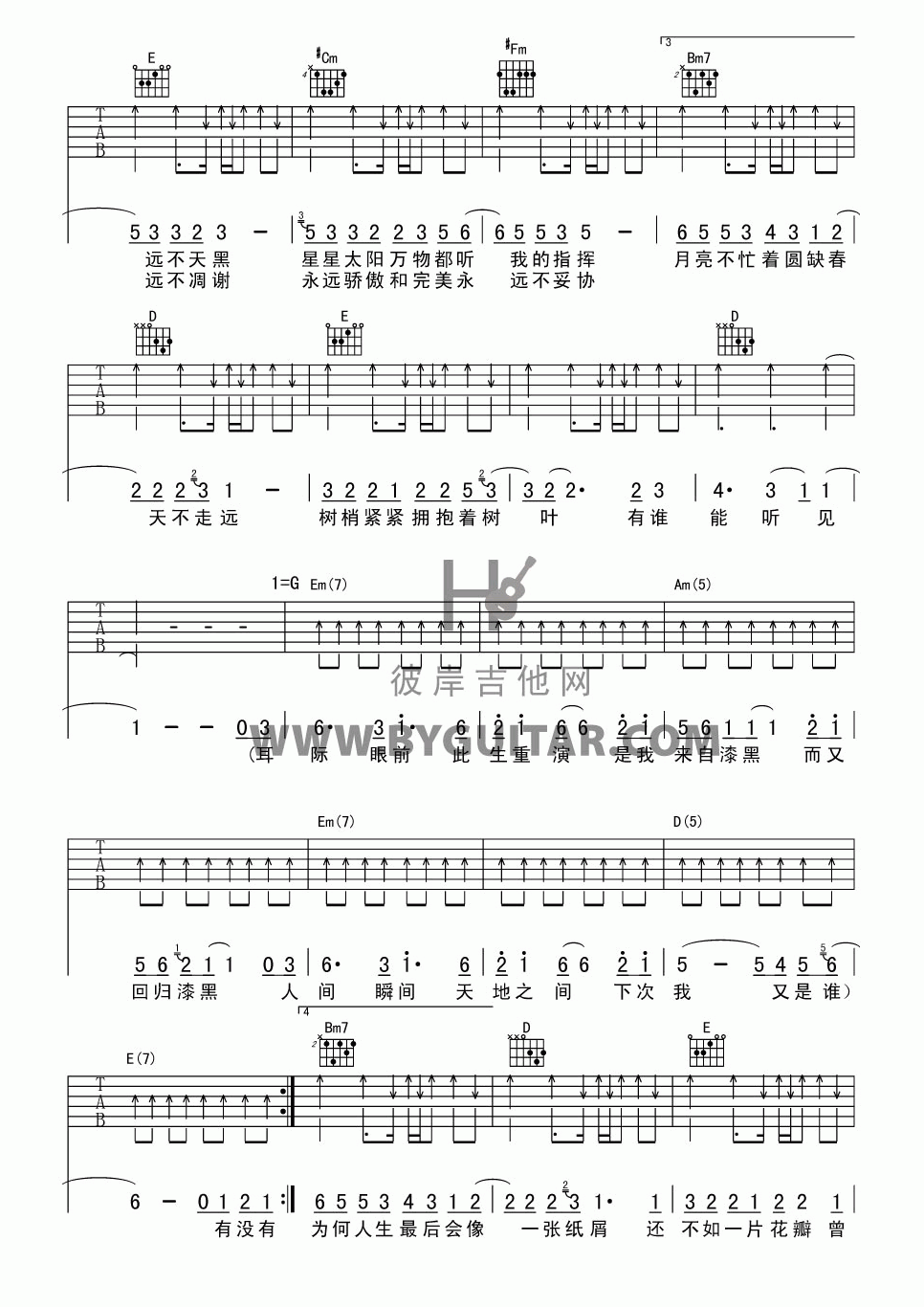 _如烟_吉他谱_A调_五月天