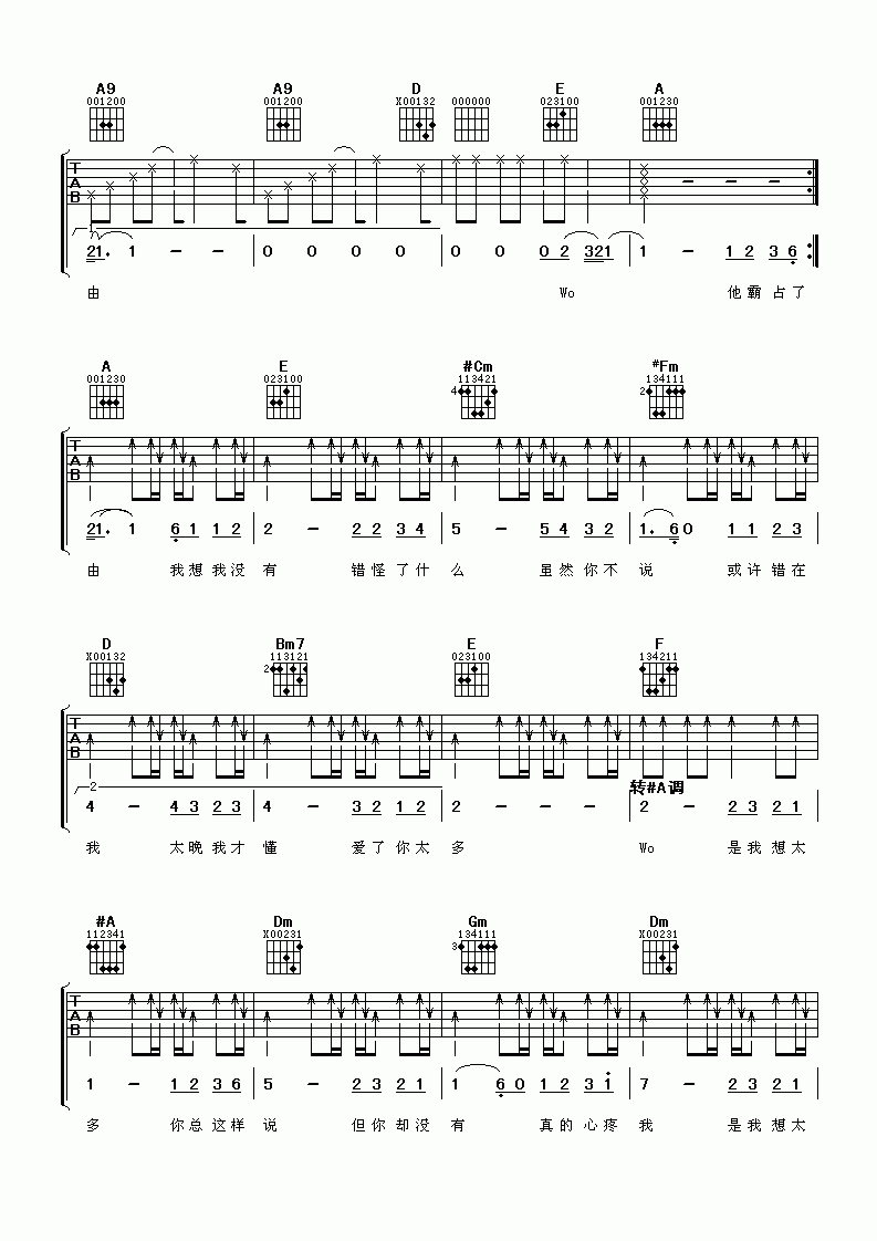 想太多吉他谱__李玖哲