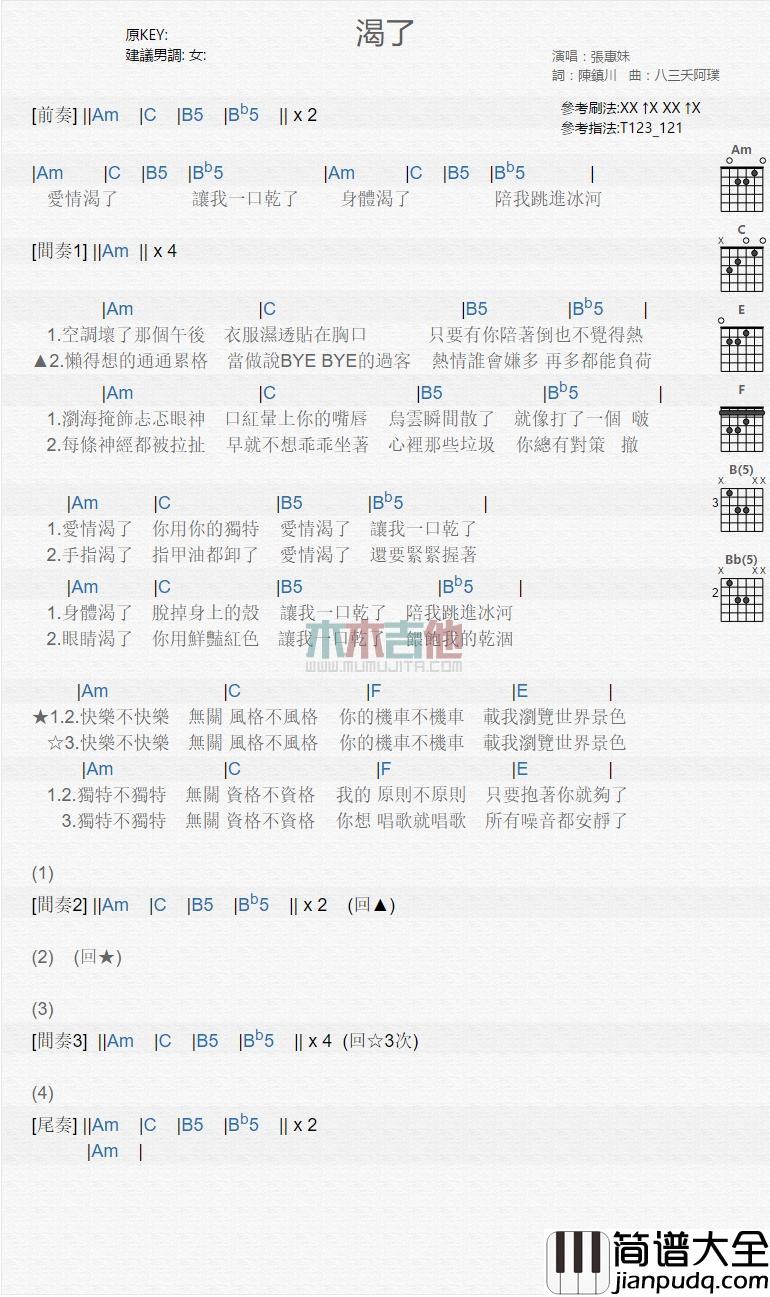 渴了_吉他谱_张惠妹