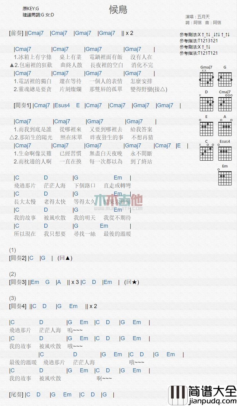 候鸟_吉他谱_五月天