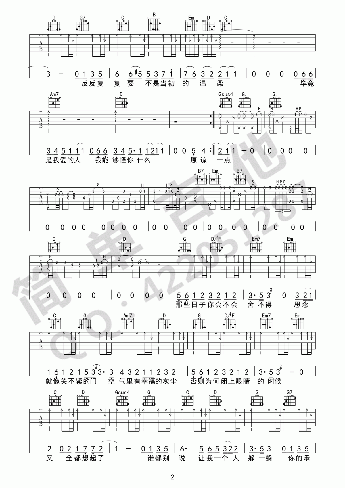 原谅_吉他谱_张玉华