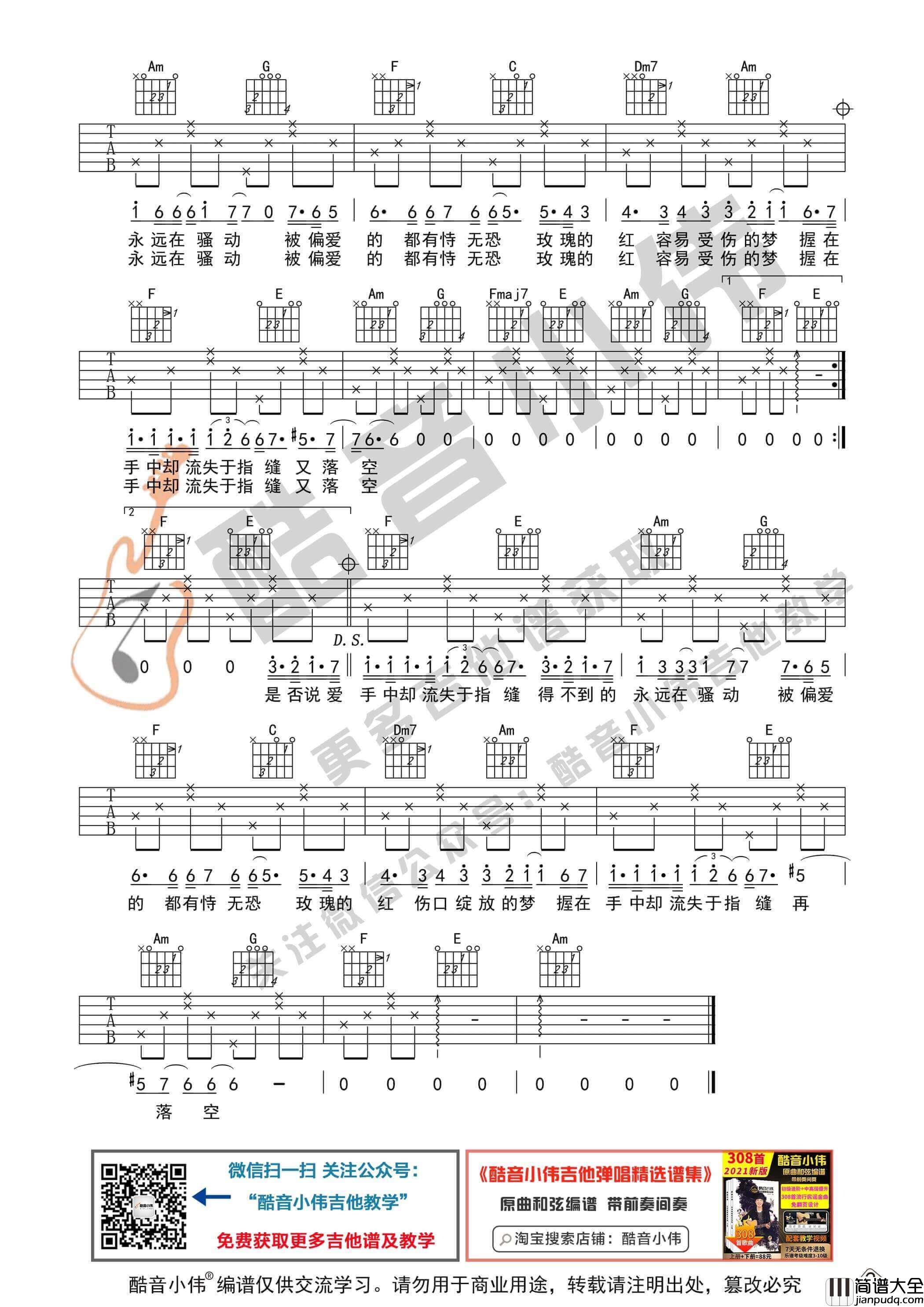 _红玫瑰_吉他谱_C调六线谱_陈奕迅