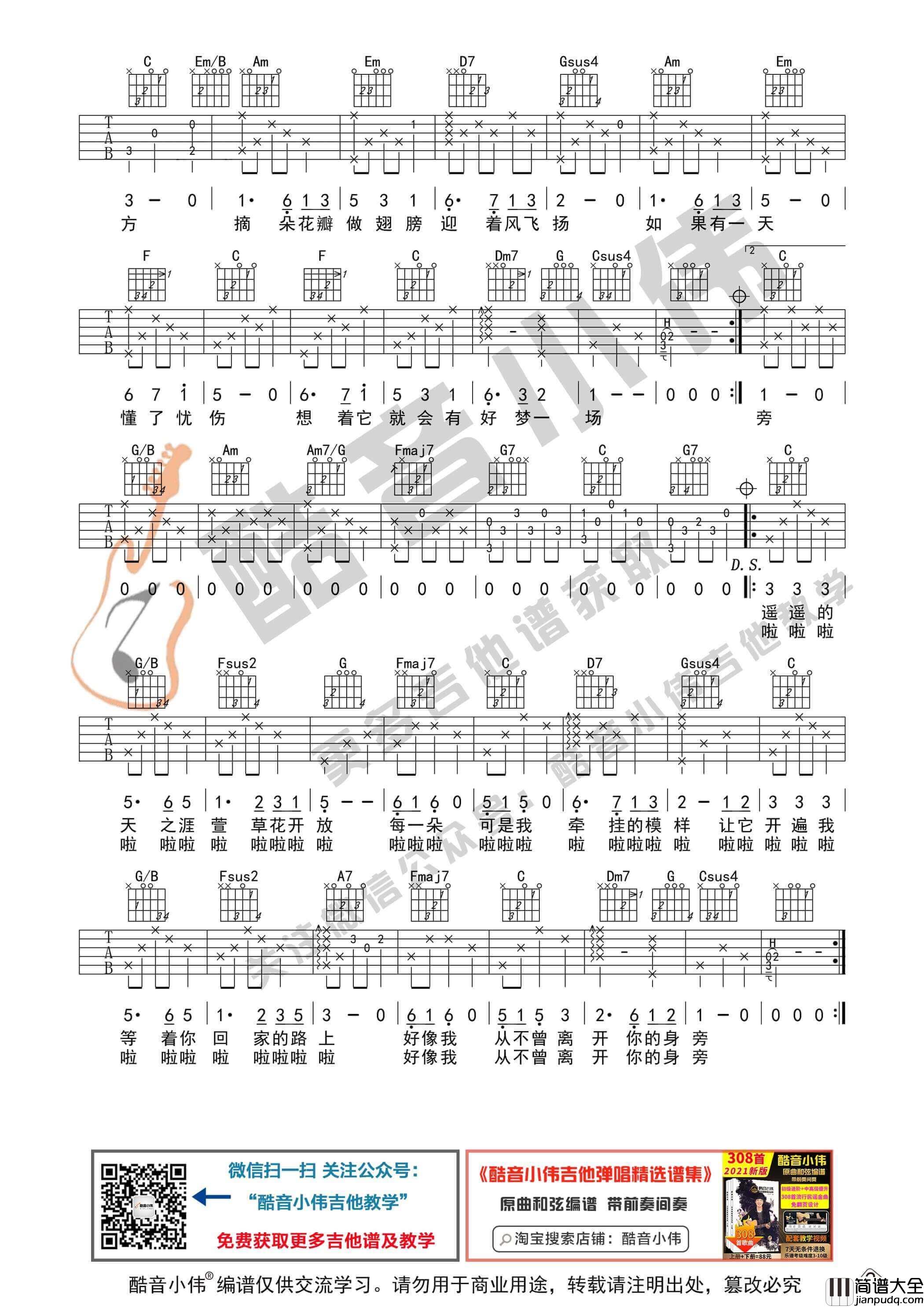 _萱草花_吉他谱C调中级版_酷音小伟编谱_张小斐