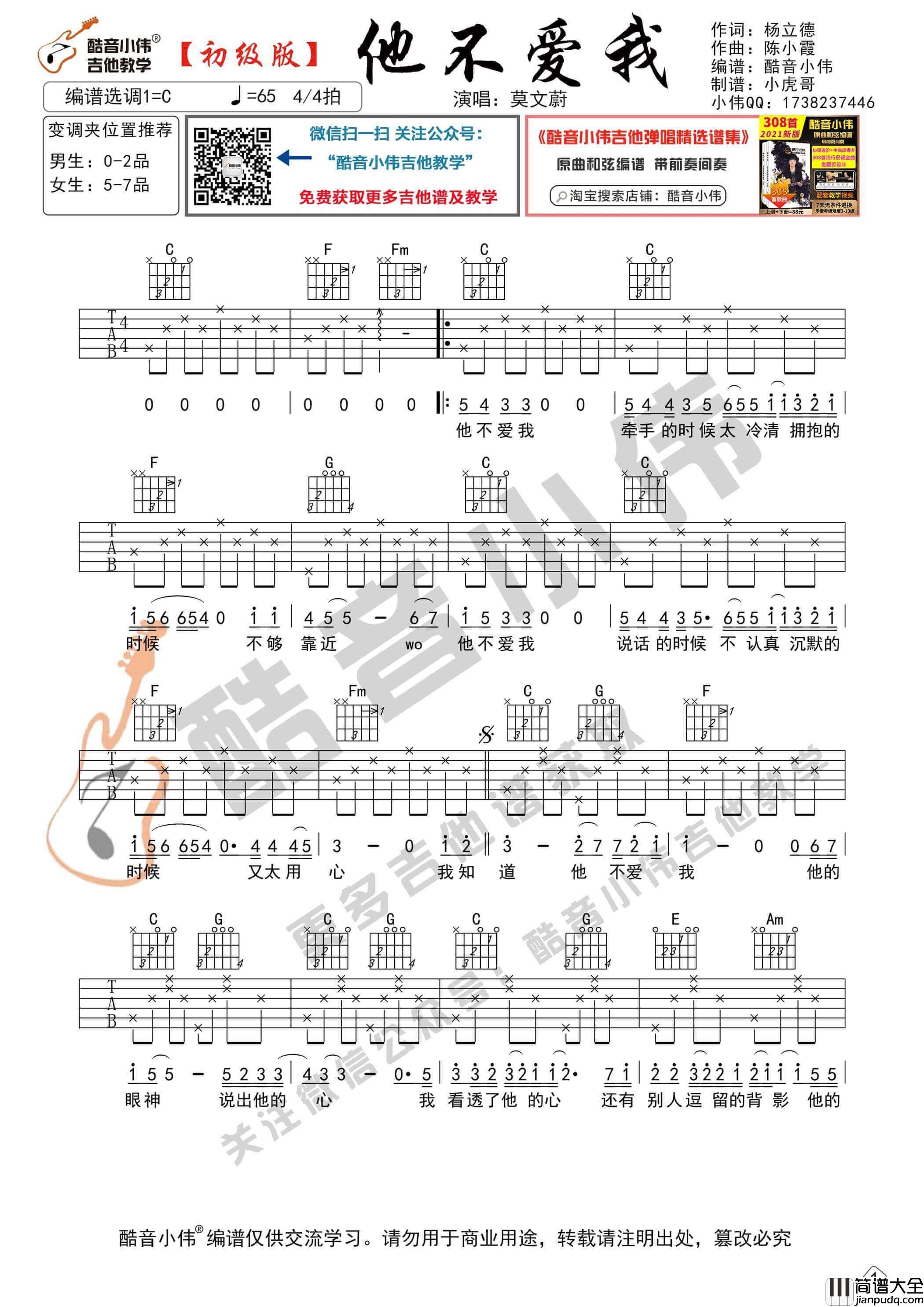 _他不爱我_吉他谱C调初级版_酷音小伟编谱_莫文蔚