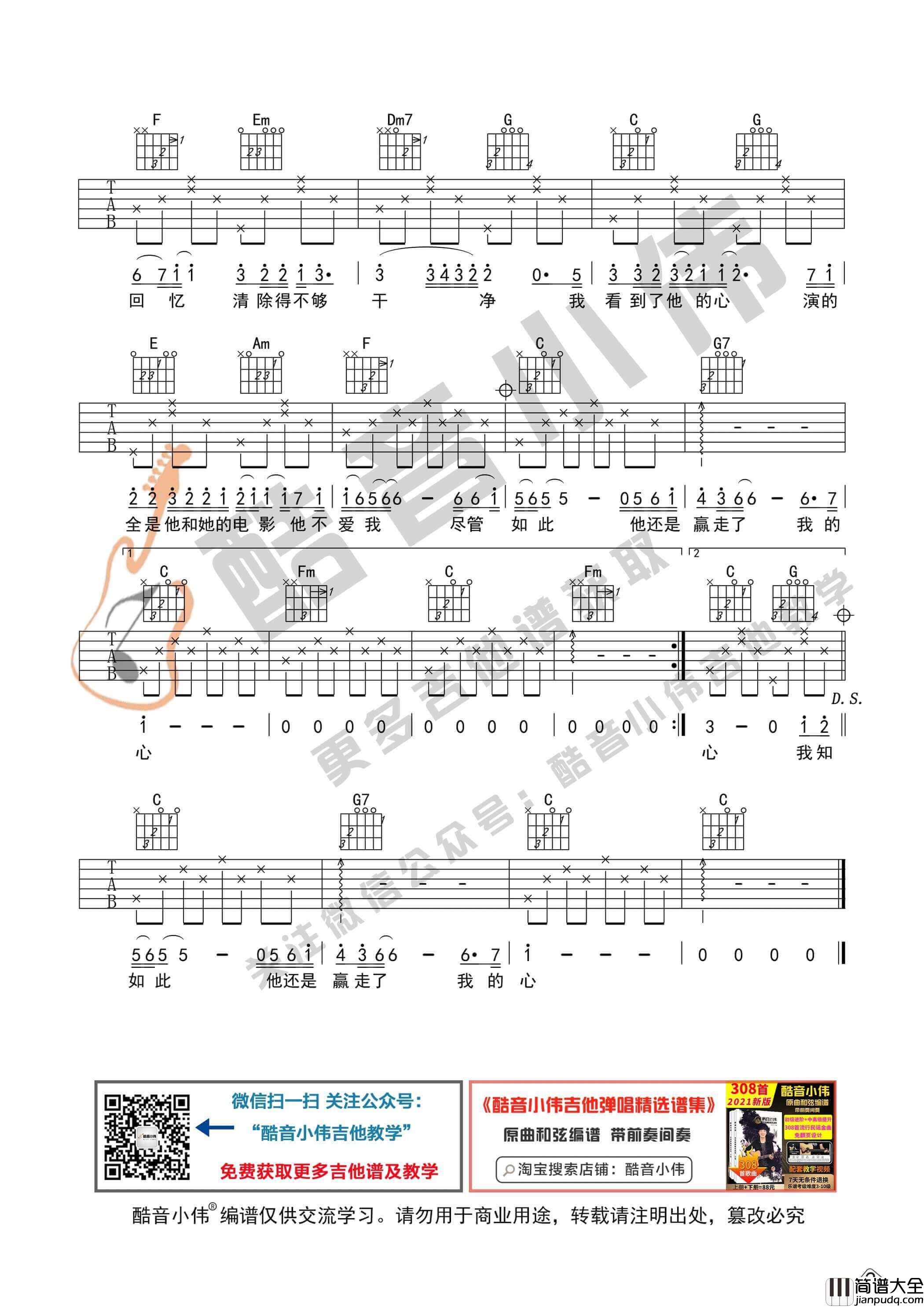 _他不爱我_吉他谱C调初级版_酷音小伟编谱_莫文蔚