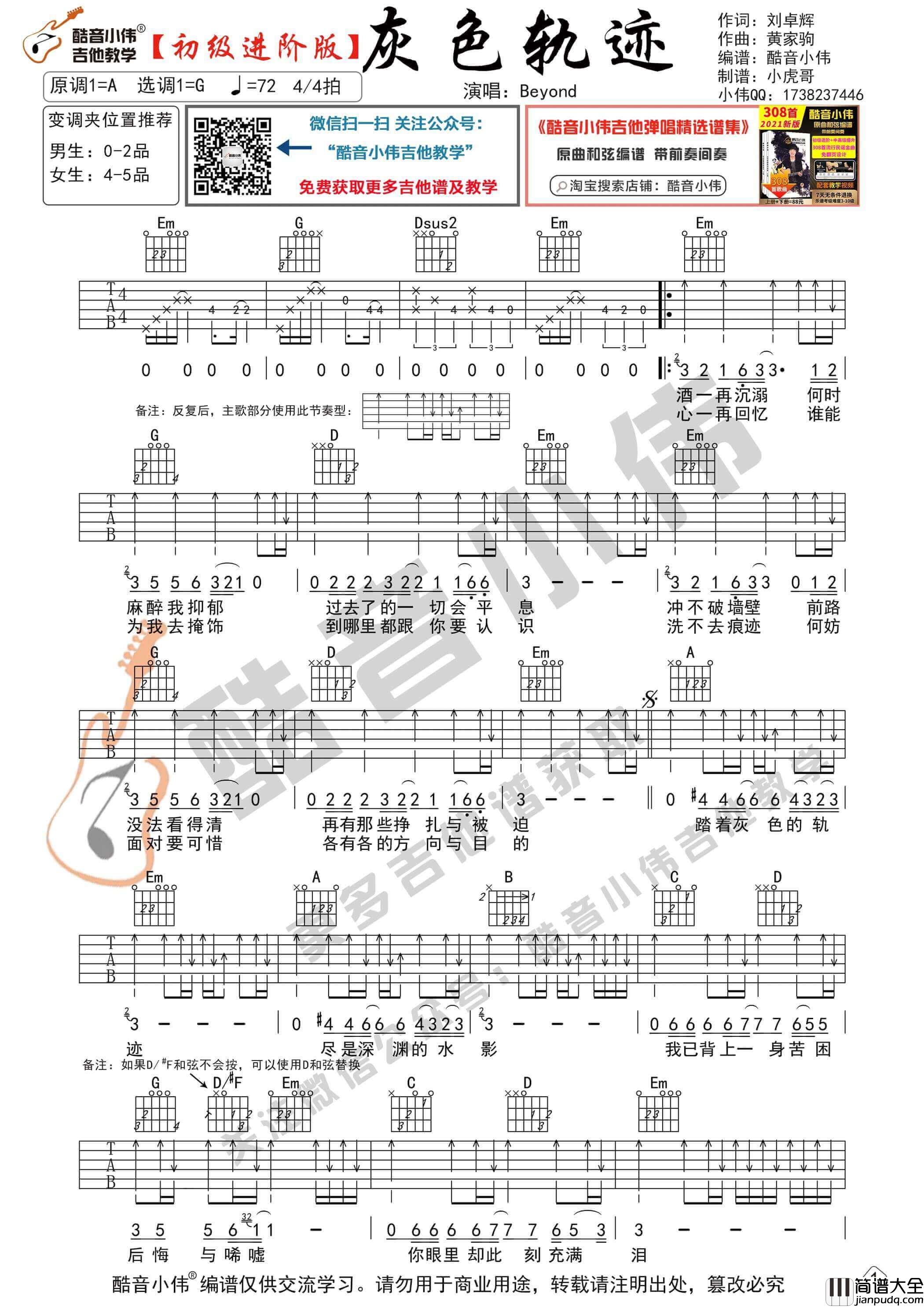 _灰色轨迹_吉他谱_G调初级进阶版_酷音小伟编谱_Beyond