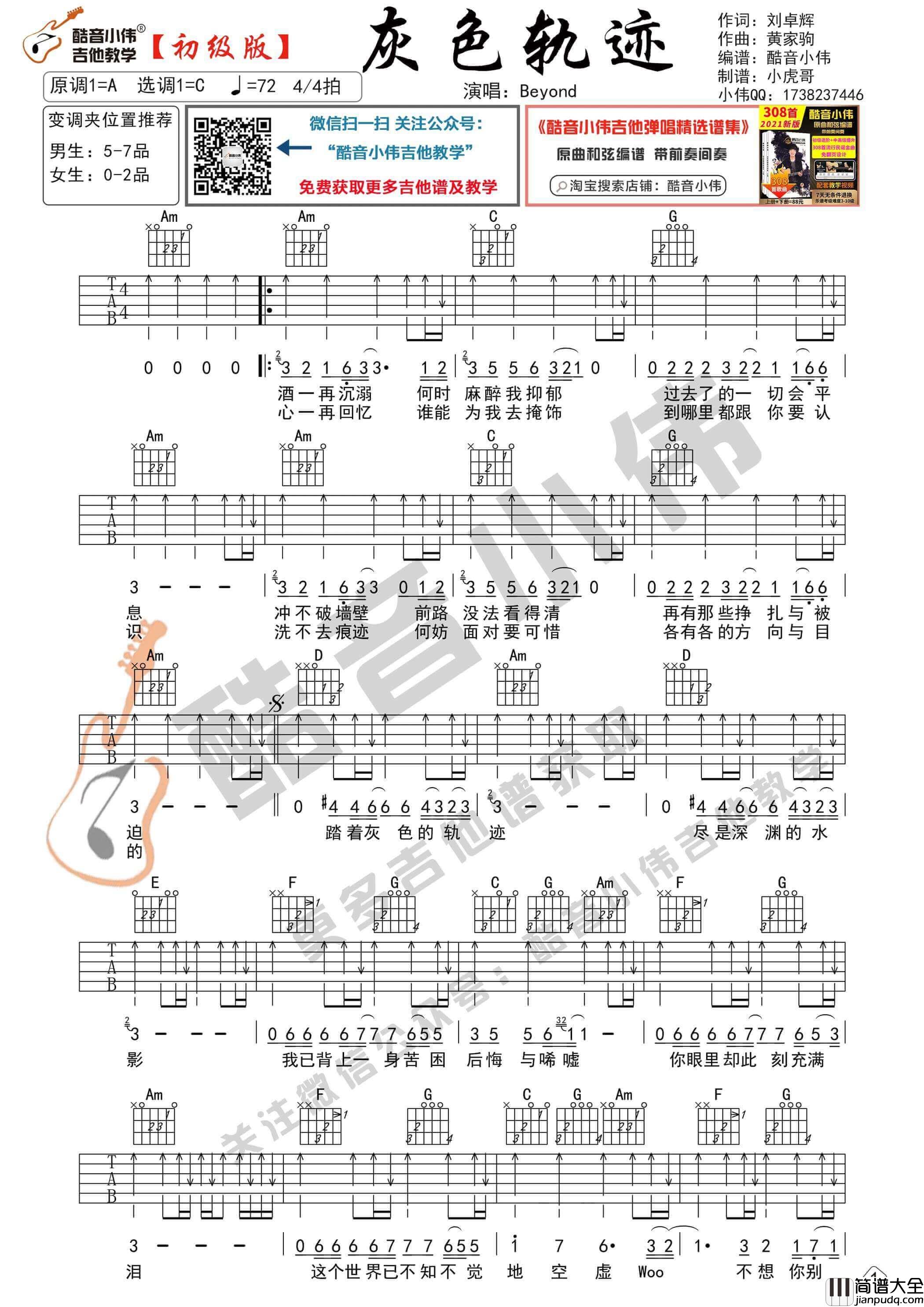 _灰色轨迹_吉他谱_C调初级版_酷音小伟编谱_Beyond