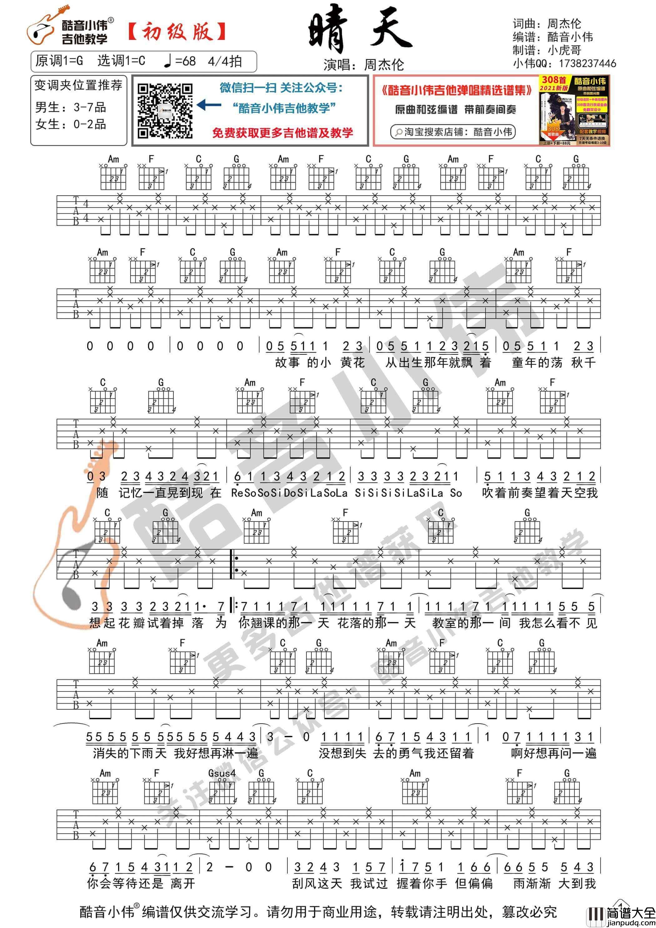_晴天_吉他谱_C调初级版_酷音小伟编谱_周杰伦