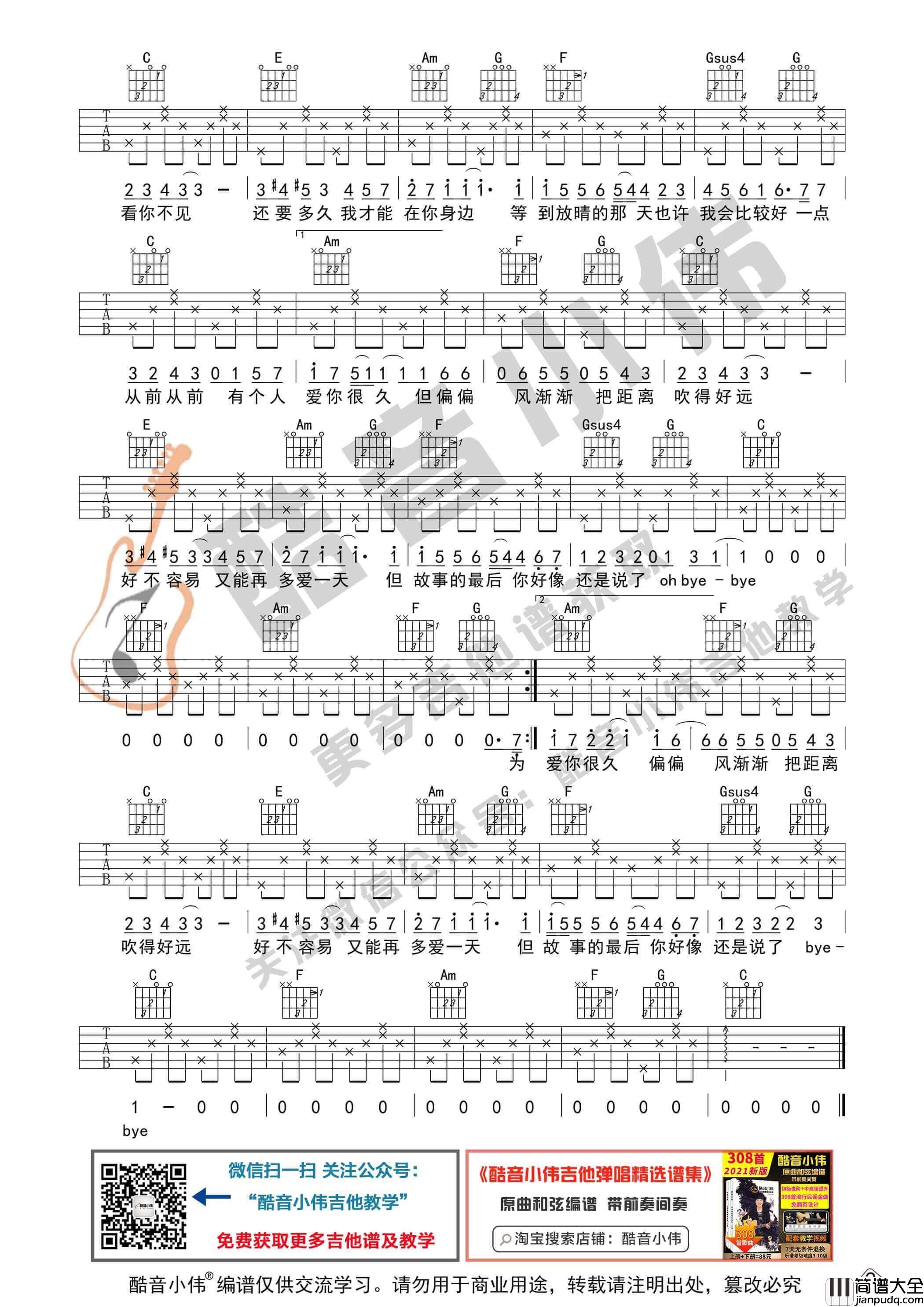 _晴天_吉他谱_C调初级版_酷音小伟编谱_周杰伦