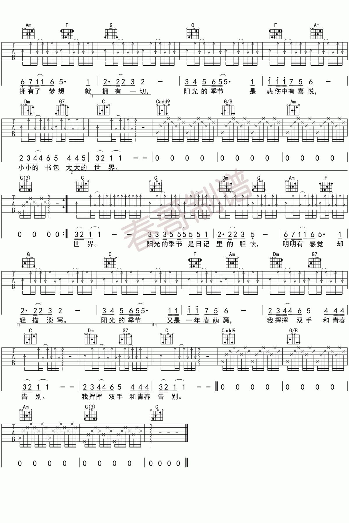 阳光季节吉他谱_C调