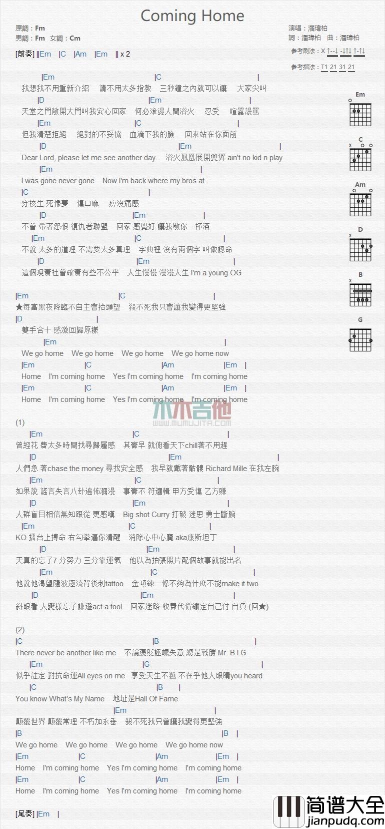 Coming_Home_吉他谱_潘玮柏