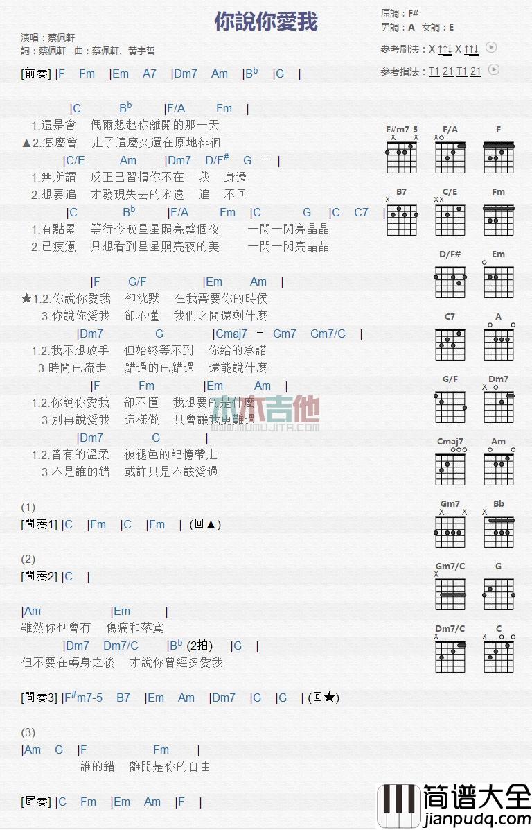 你说你爱我_吉他谱_蔡佩轩