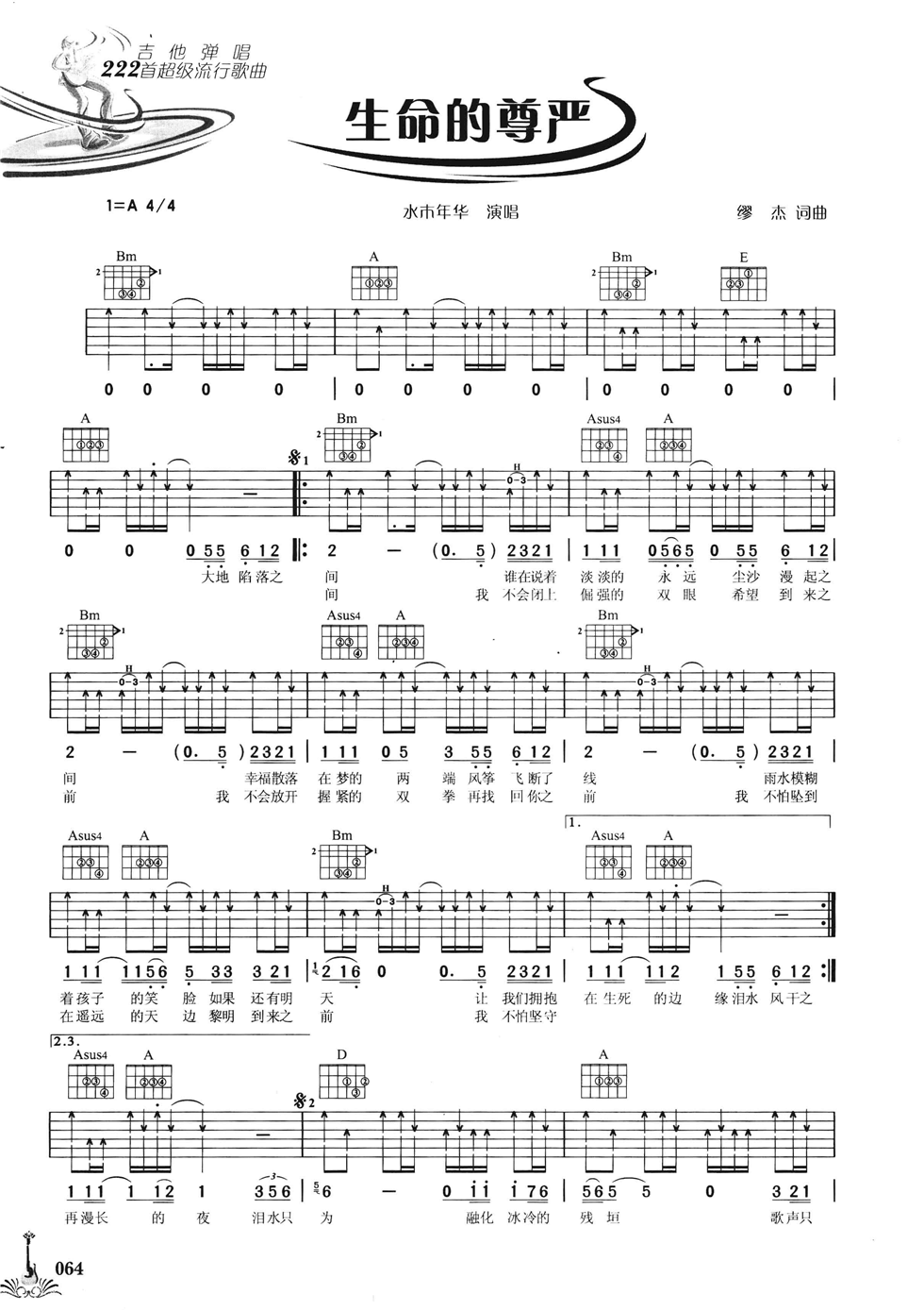 生命的尊严吉他谱_A调六线谱_扫弦版_水木年华