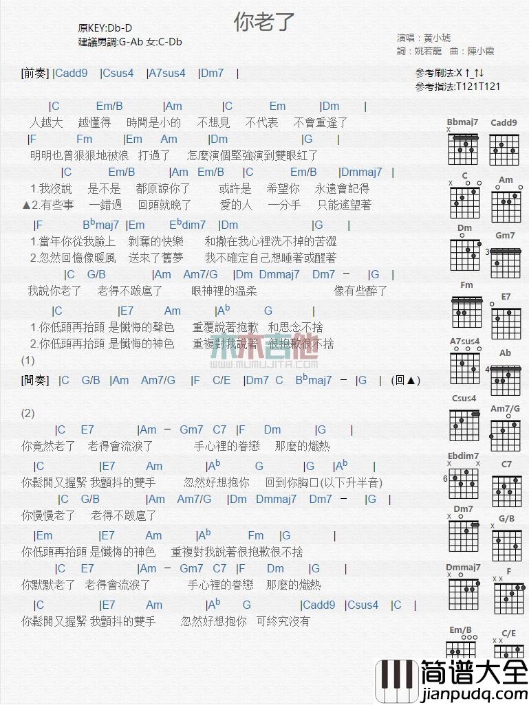 你老了_吉他谱_黄小琥