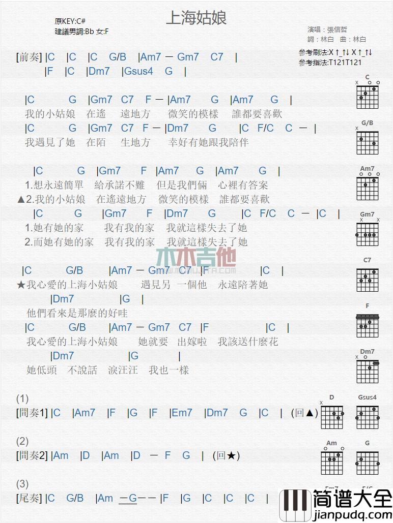 上海姑娘_吉他谱_张信哲