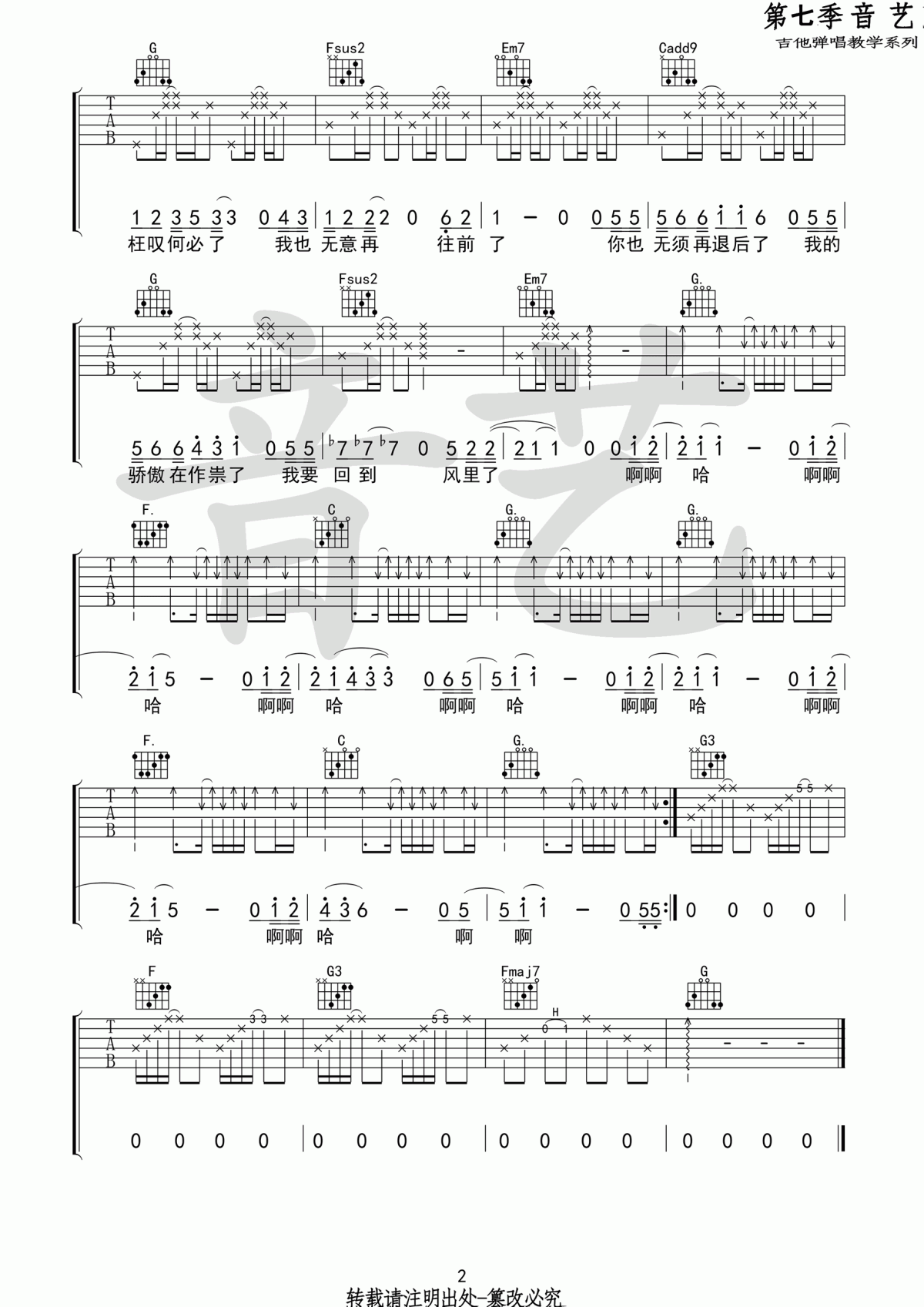 我要回到风里了吉他谱_愚青_G调