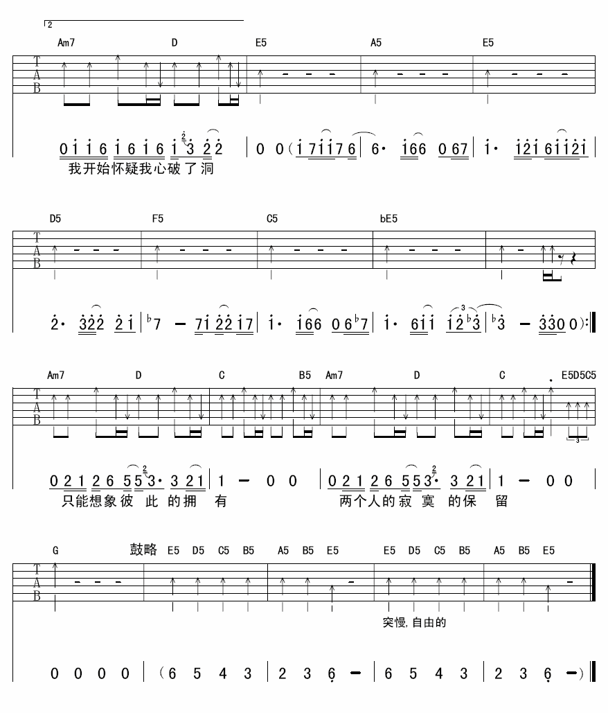 两个寂寞吉他谱_G调扫弦版_董路编配_伍佰