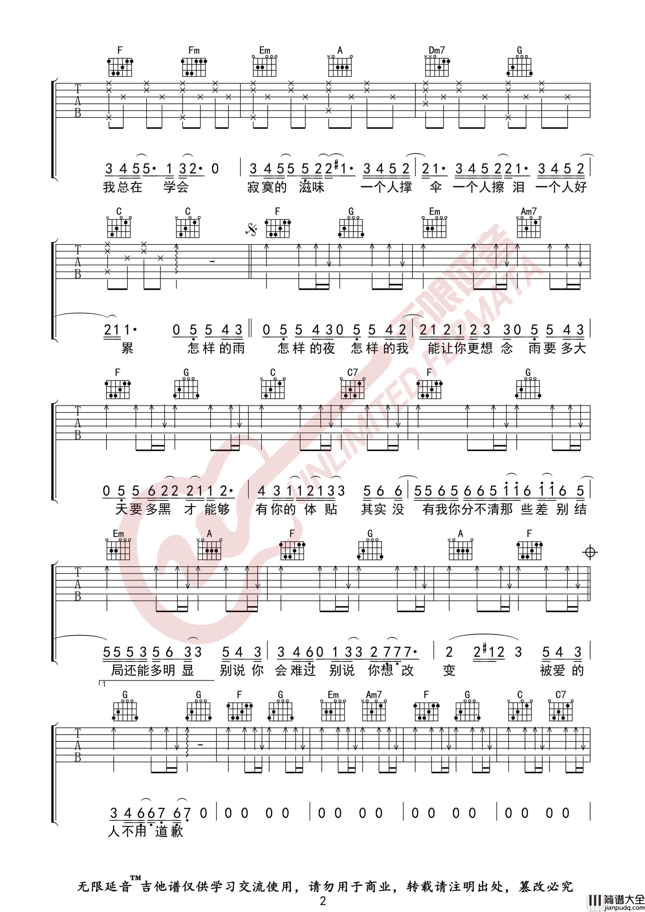 南拳妈妈_下雨天_吉他谱_无限延音编配