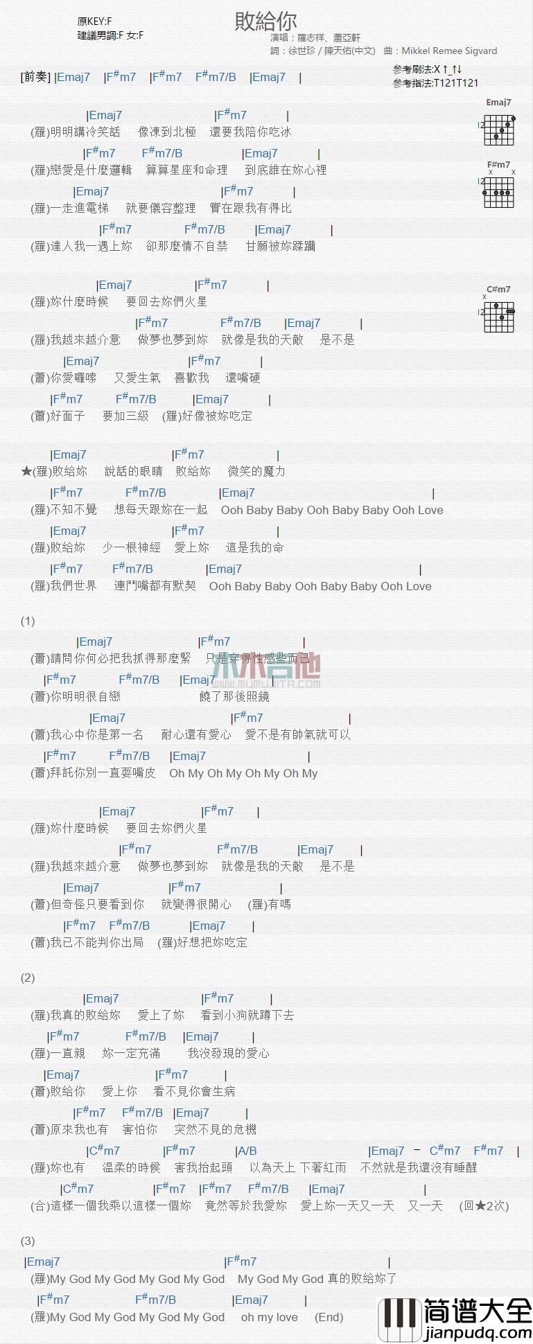 败给你_吉他谱_罗志祥,萧亚轩