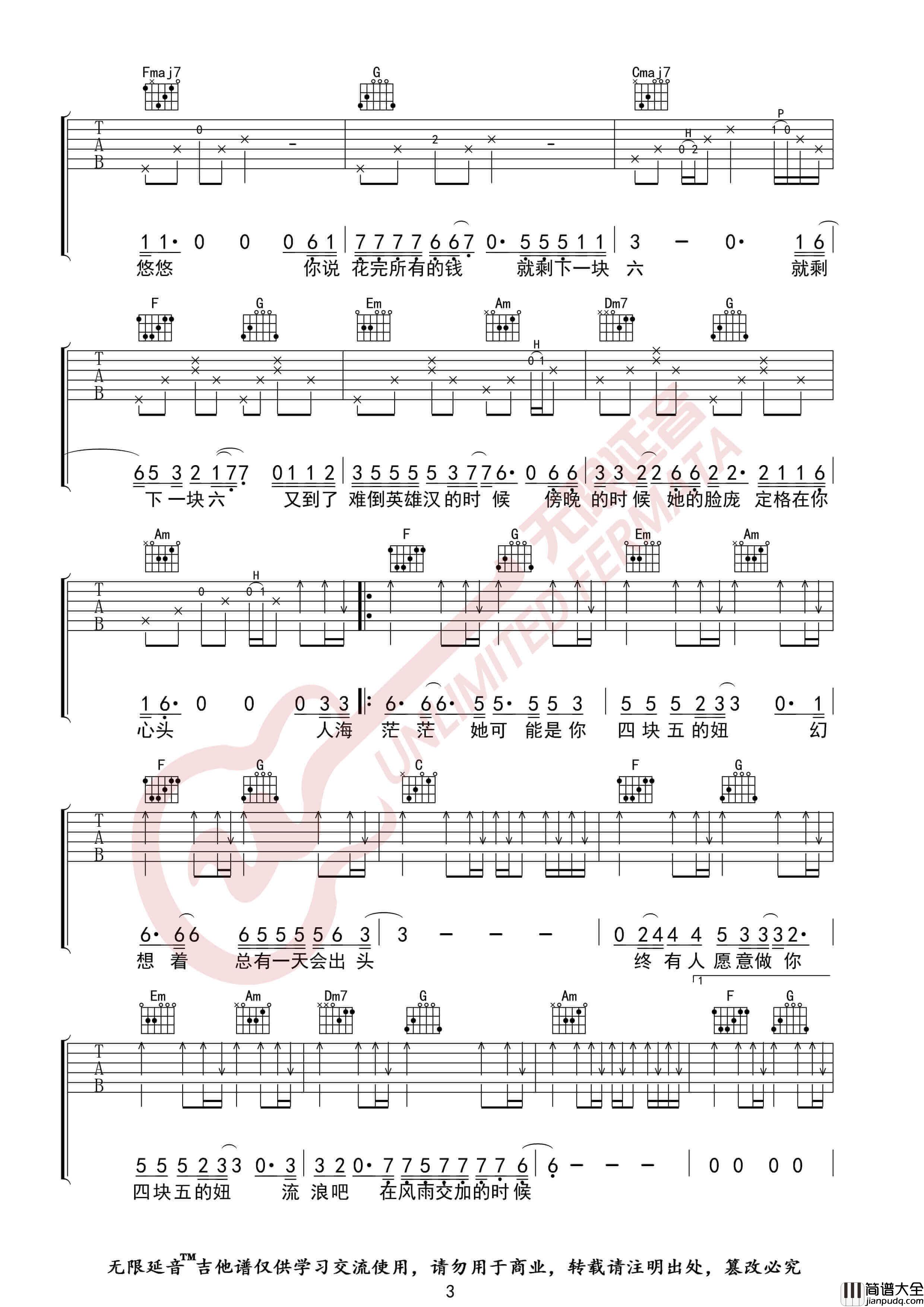 隔壁老樊_四块五_吉他谱_C调高清六线谱_无限延音编配