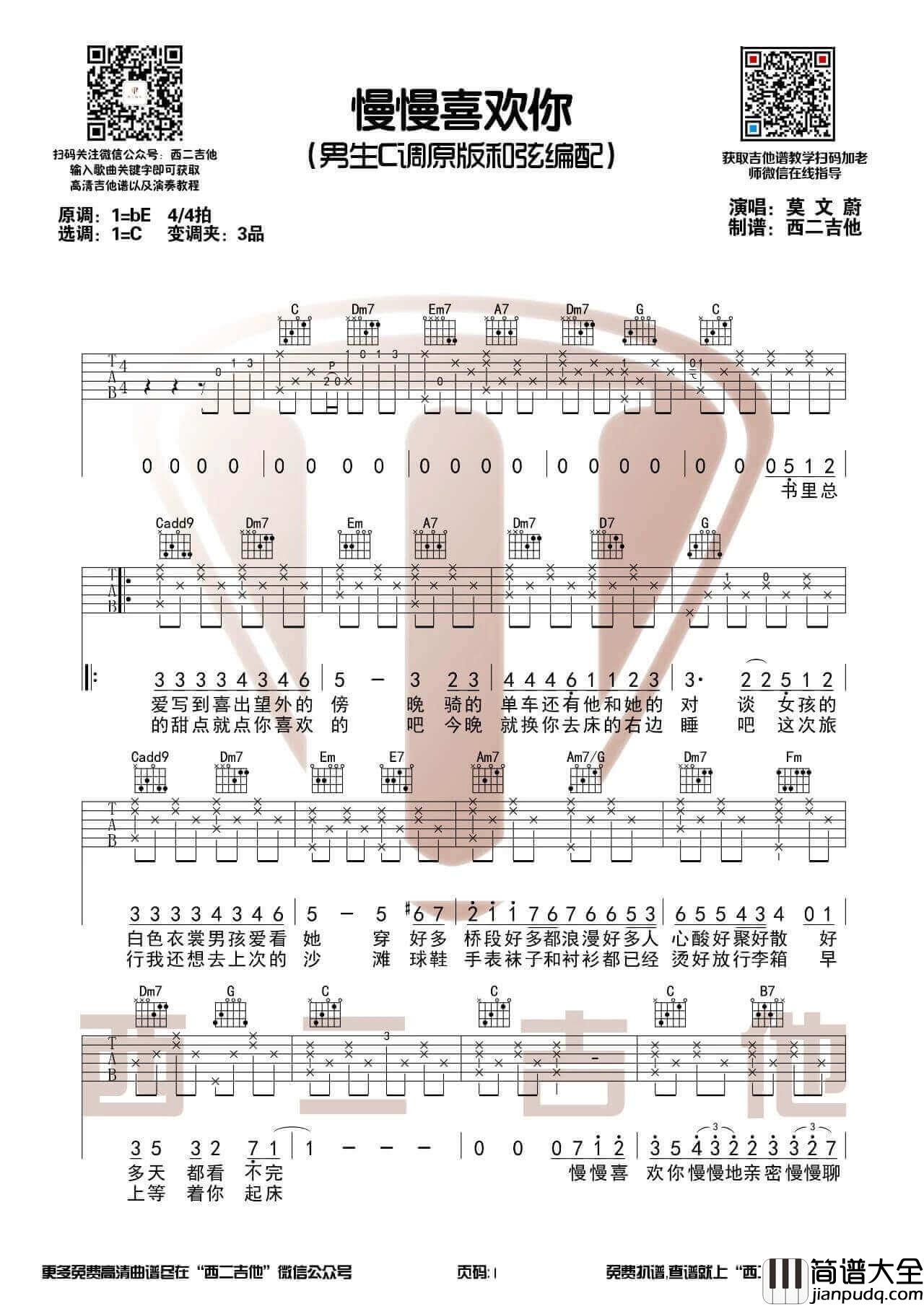 _慢慢喜欢你_吉他谱_C调六线谱_吉他弹唱示范演示