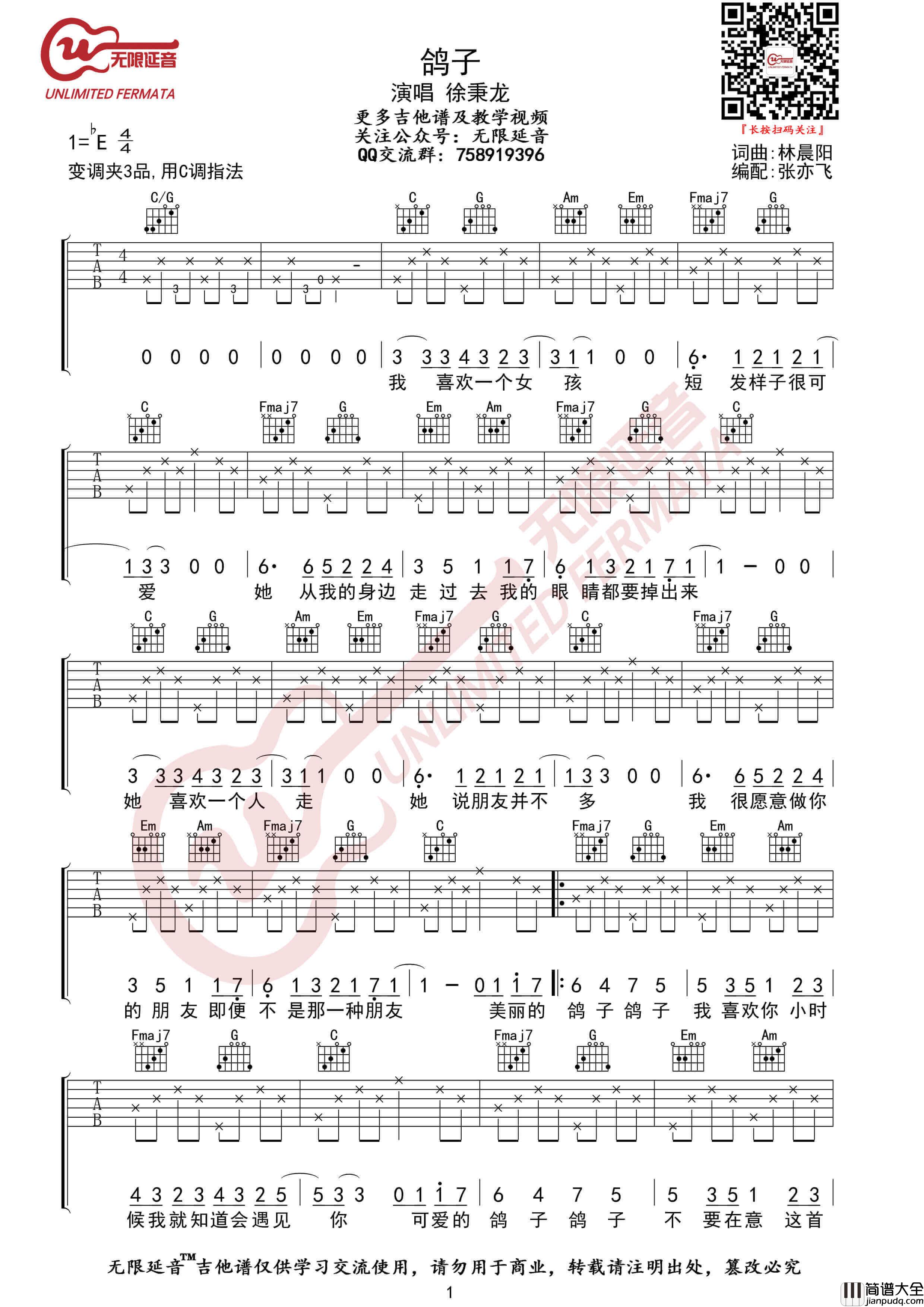 _鸽子_吉他谱_徐秉龙_鸽子C调吉他六线谱_无限延音