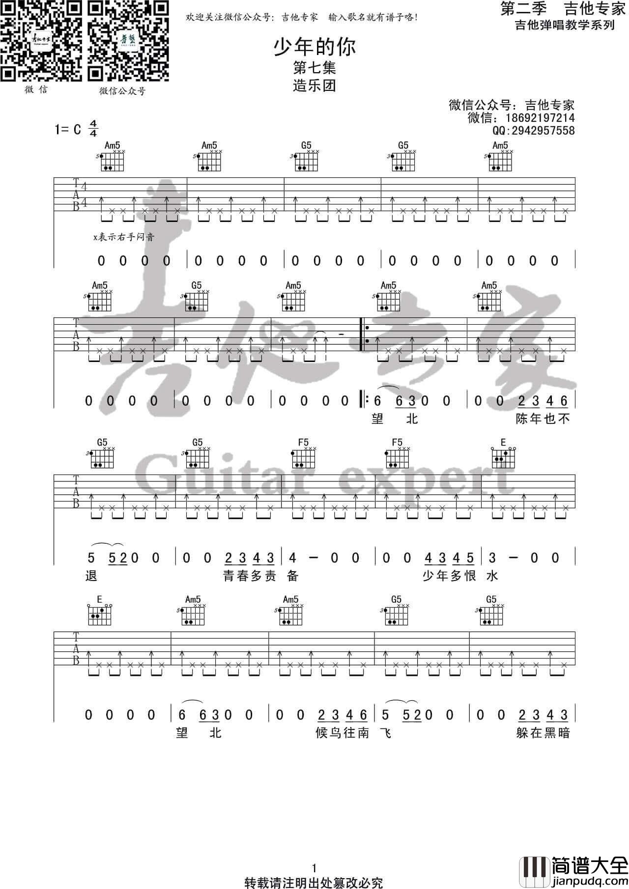 _少年的你_吉他谱_造乐团_C调六线谱_吉他专家