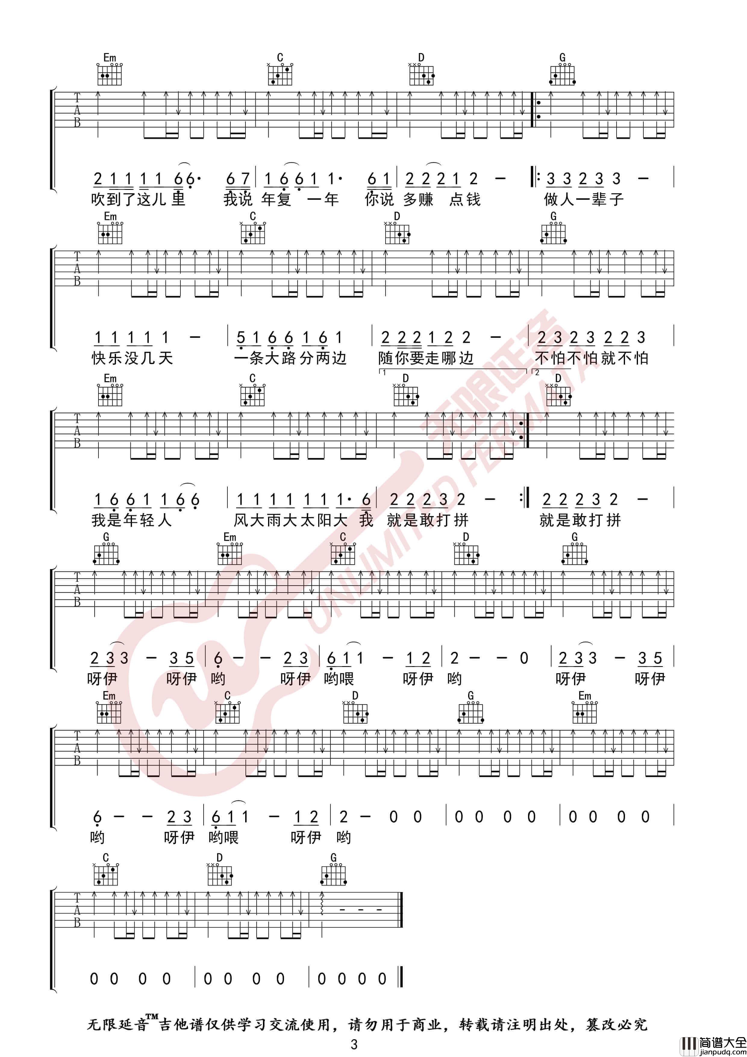 大田后生仔吉他谱_林启得_G调高清六线谱_无限延音