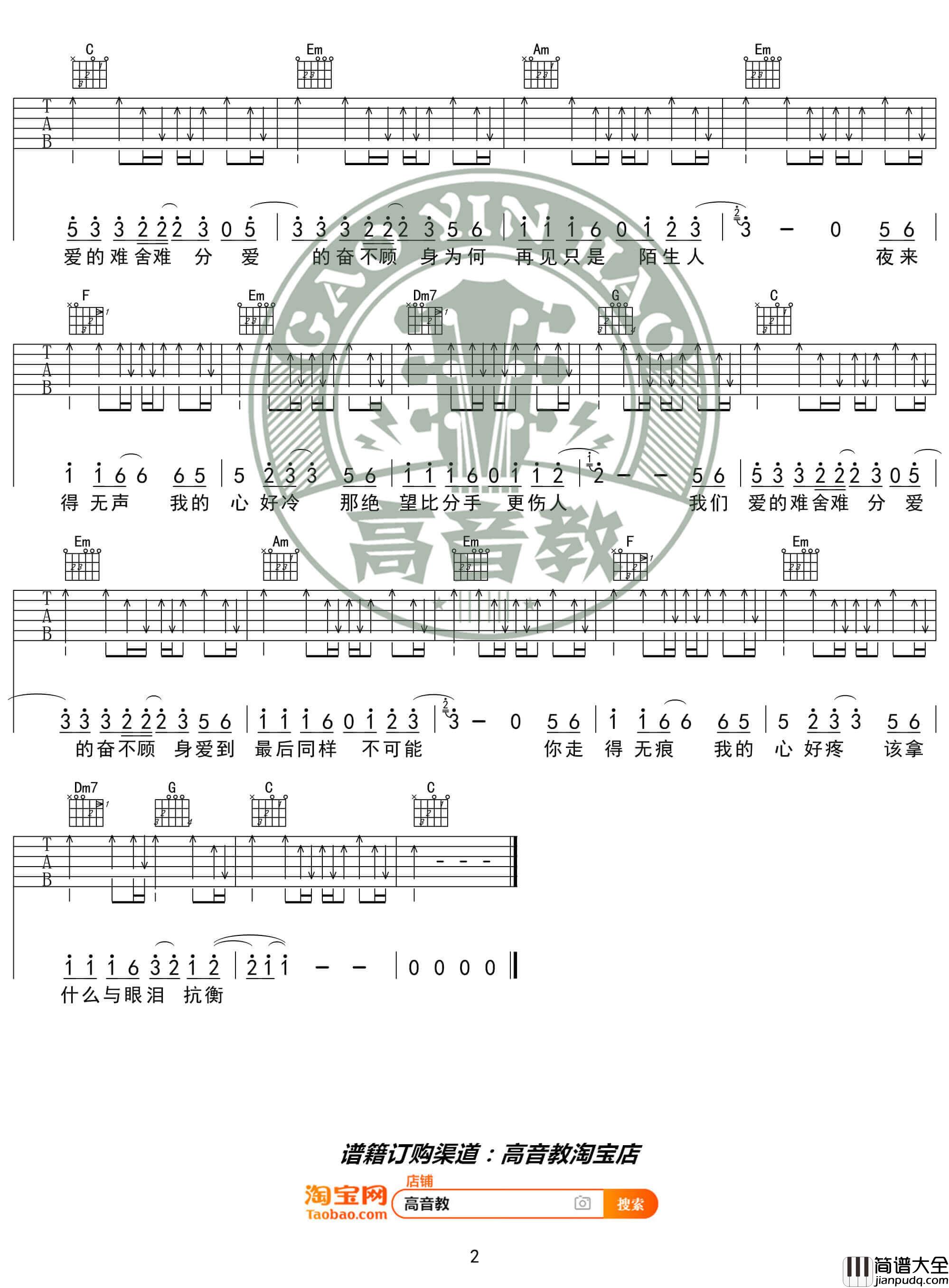 _再见只是陌生人_吉他谱_C调入门版六线谱_高音教