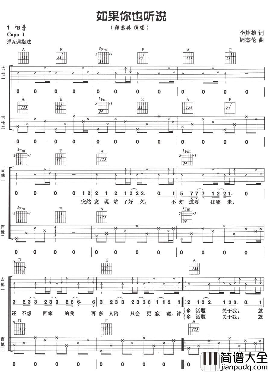 如果你也听说吉他谱__张惠妹