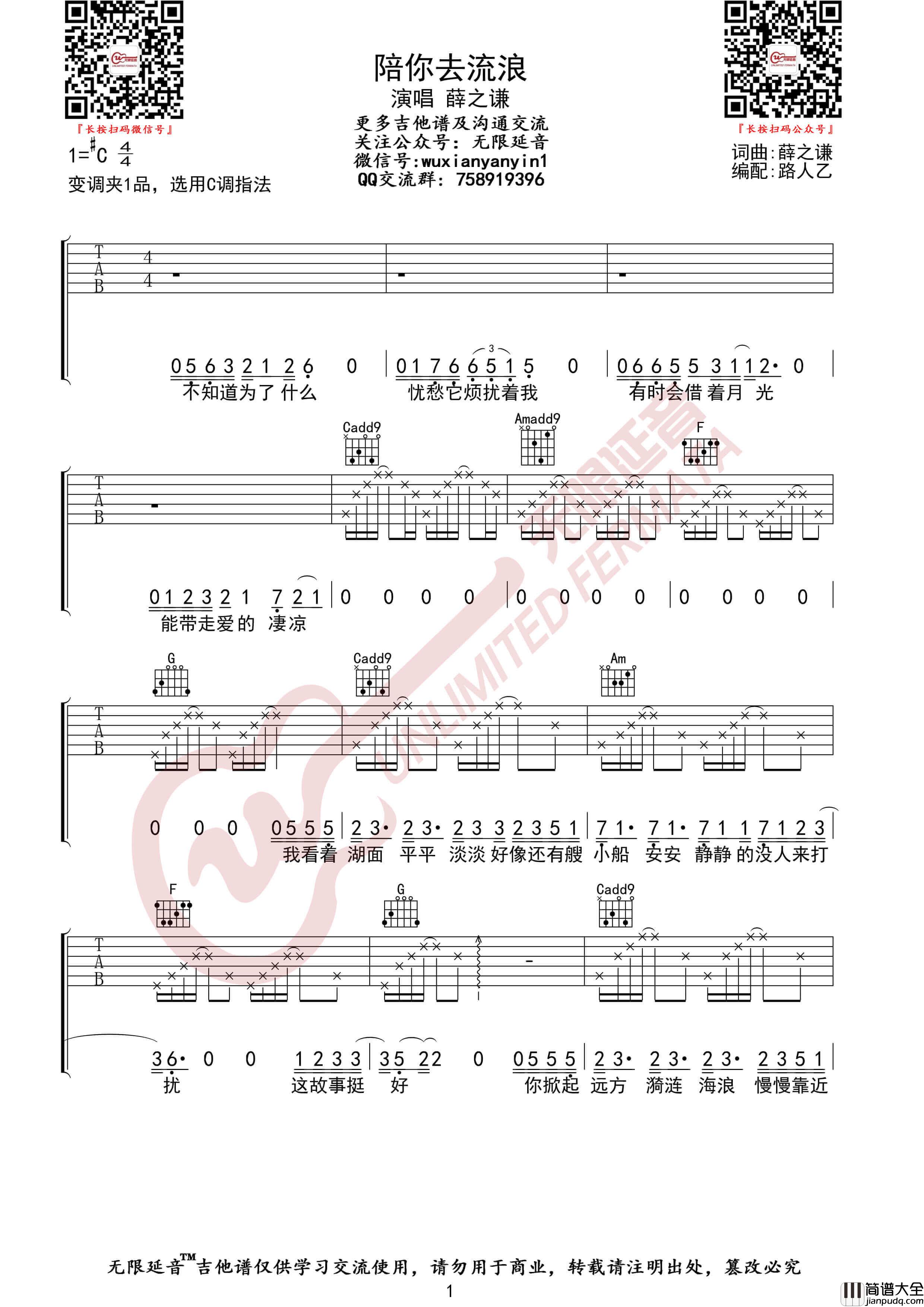 _陪你去流浪_吉他谱_薛之谦_C调指法弹唱伴奏谱_无限延音
