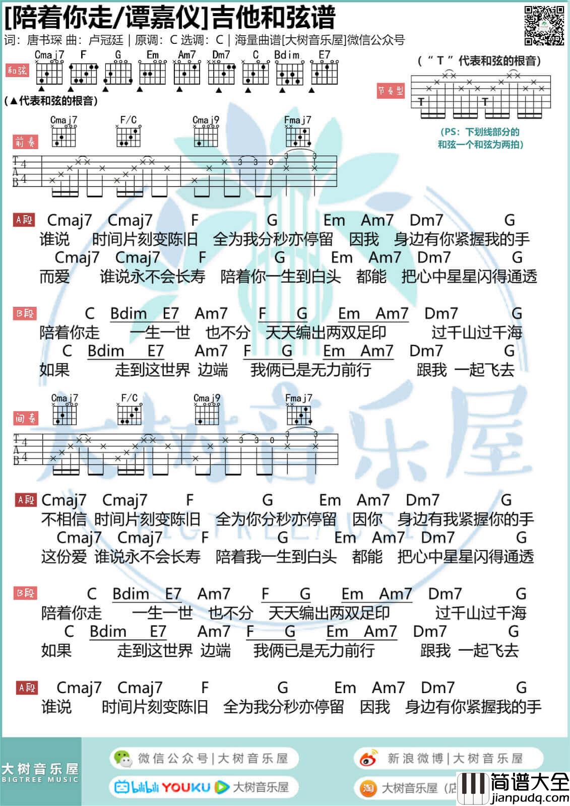_陪着你走_吉他谱_谭嘉仪_吉他弹唱演示_大树音乐屋