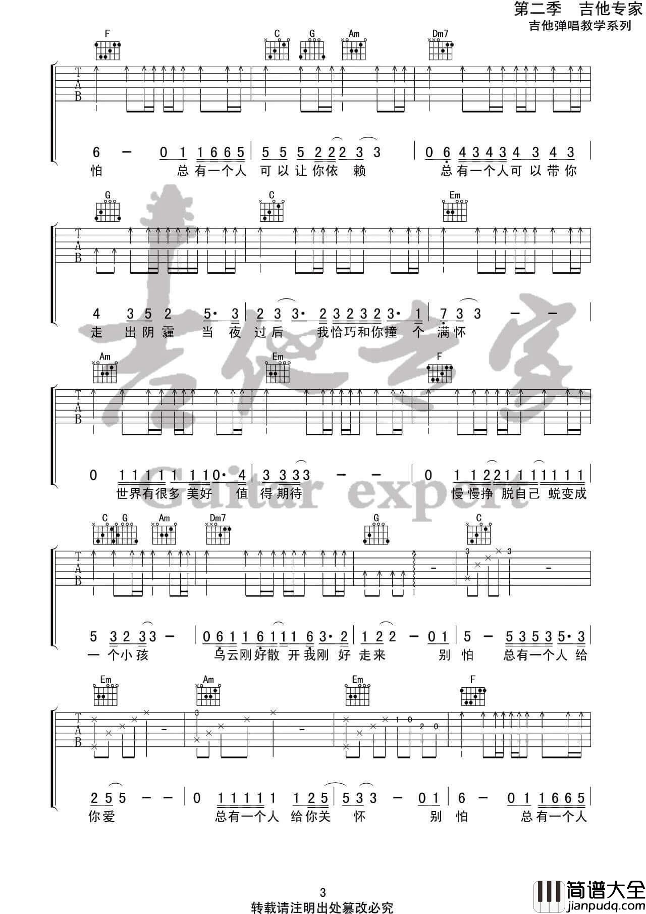 _别怕我在_吉他谱_隔壁老樊_C调高清六线谱_吉他专家
