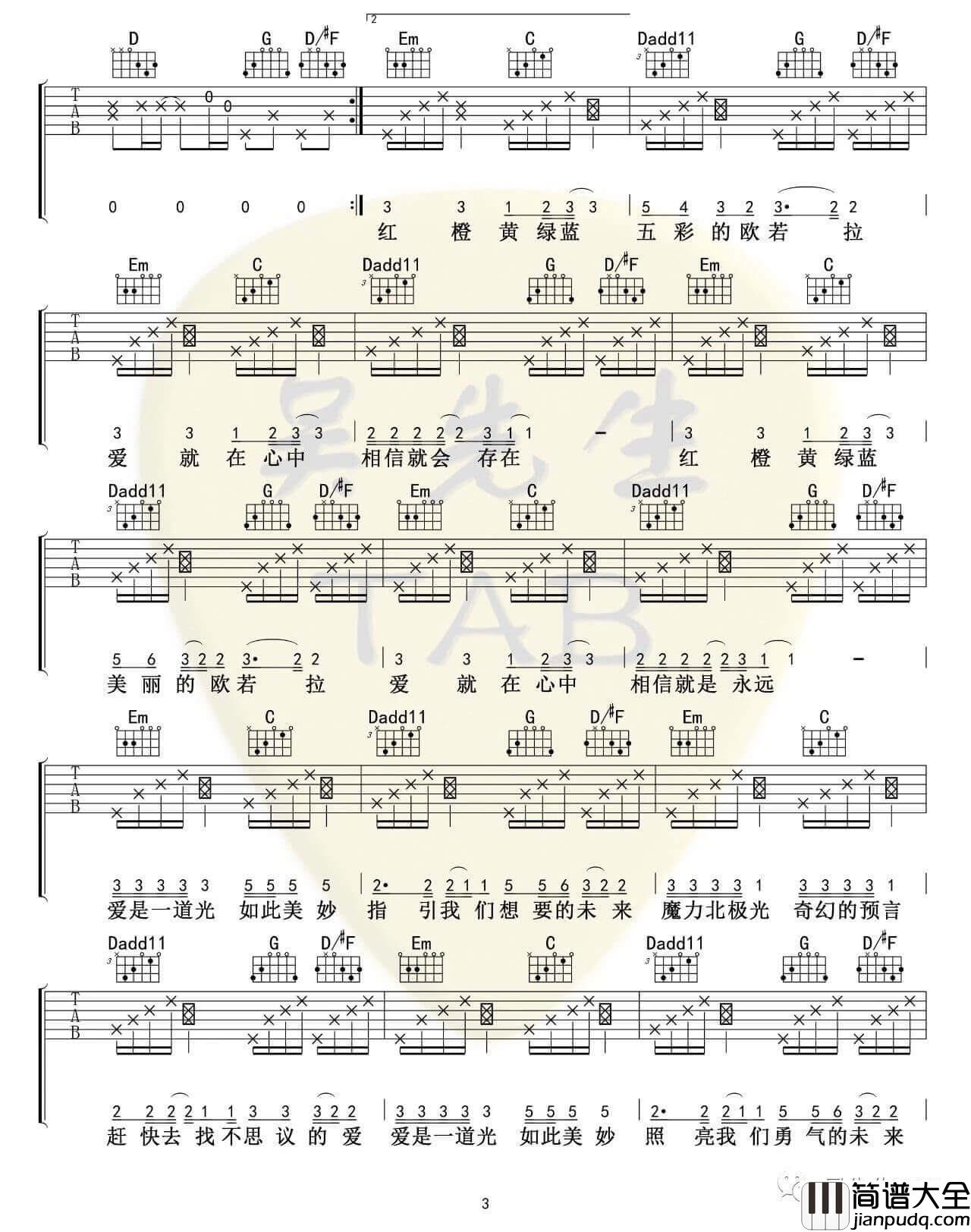 欧若拉吉他谱_胜屿/张韶涵_G调弹唱六线谱