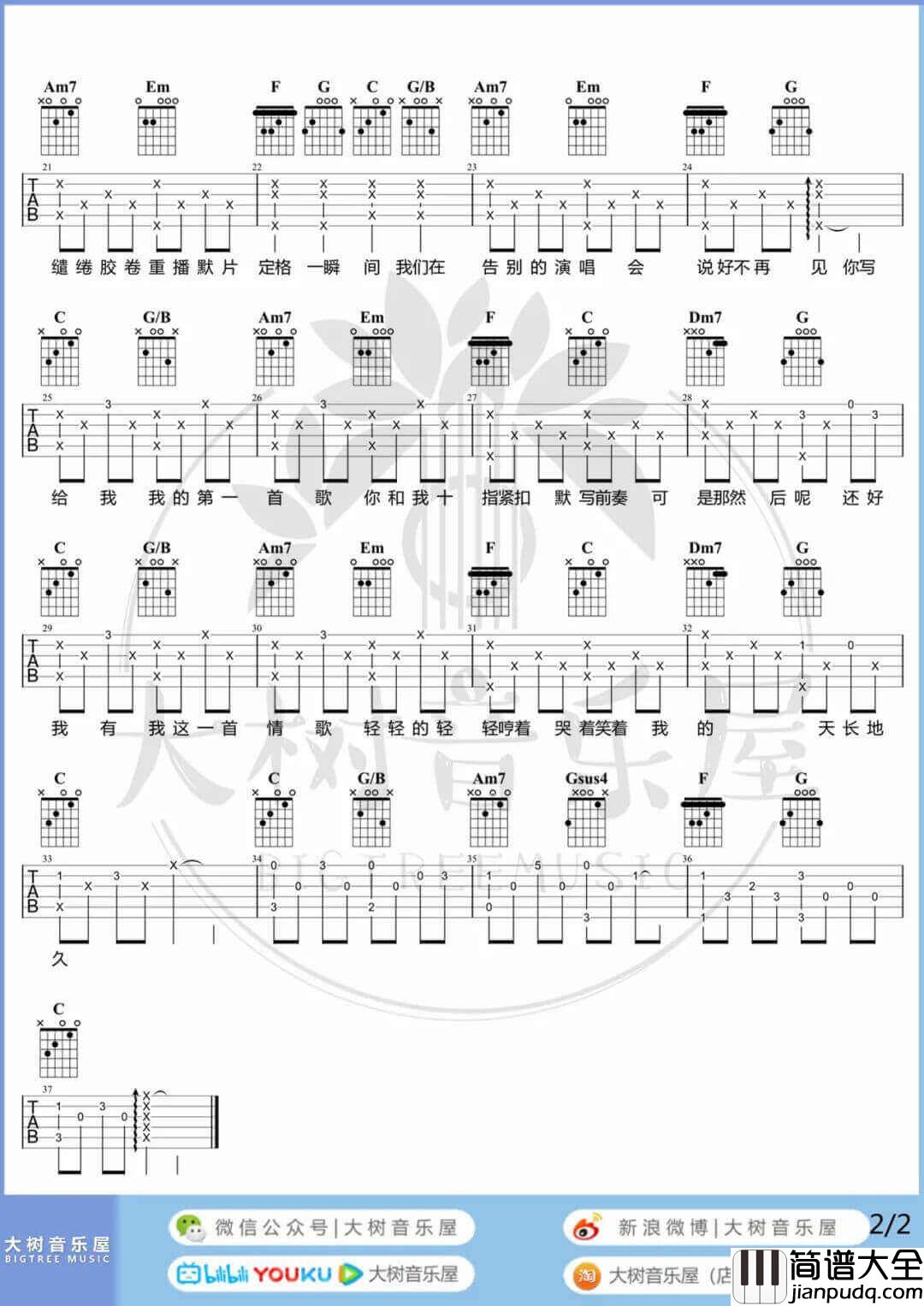 情歌吉他谱_梁静茹__情歌_C调原版六线谱_吉他弹唱教学