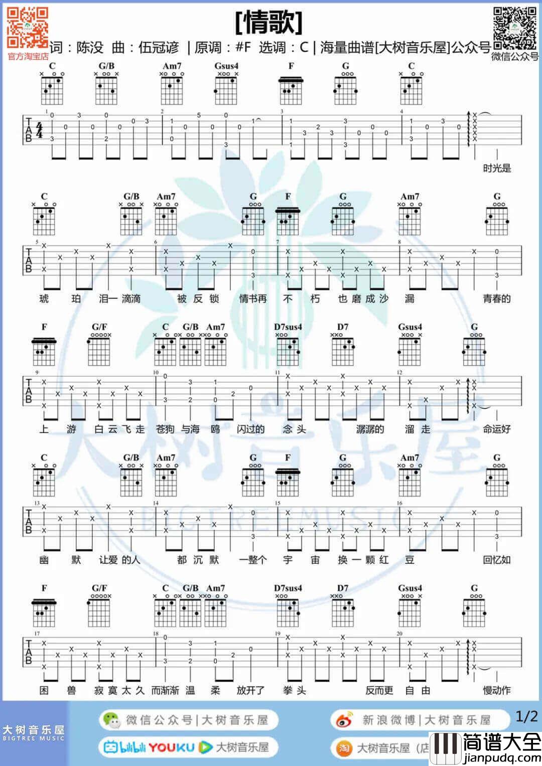 情歌吉他谱_梁静茹__情歌_C调原版六线谱_吉他弹唱教学