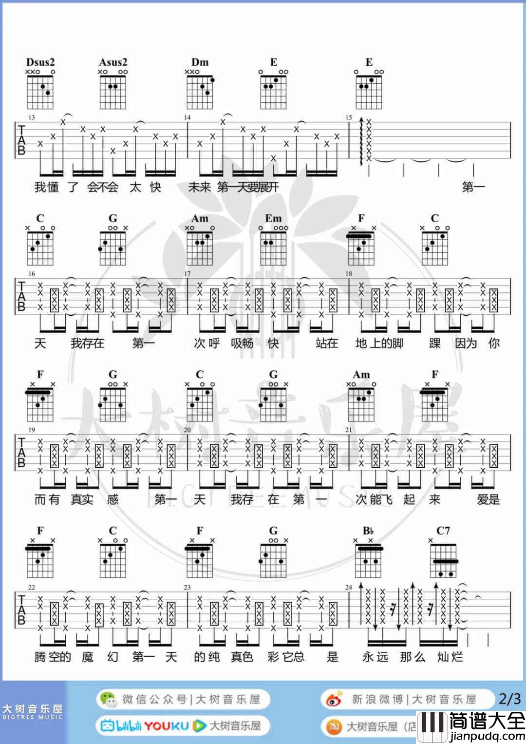 第一天吉他谱_孙燕姿__第一天_A调弹唱谱_吉他弹唱教学