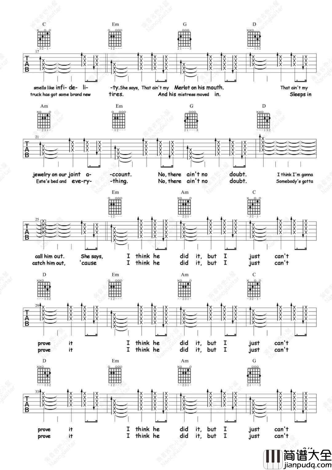 _No_Body_No_Crime_吉他谱_Taylor_Swift_G调高清弹唱六线谱